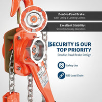 Garvee Manual Lever Chain Hoist 3 Ton G80 Galvanized Steel Chain Weston Double Pawl Brake 360° Swivel Hook Compact Design for Garage Factory Dock