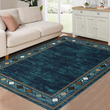 Garvee 9x12 Large Area Rug Modern Bordered Washable Area Rug for Living Room Geometric Border Accent Rug Throw Carpet Non-Slip Stain Resistant Floor Cover for Home Decor, Teal - Teal