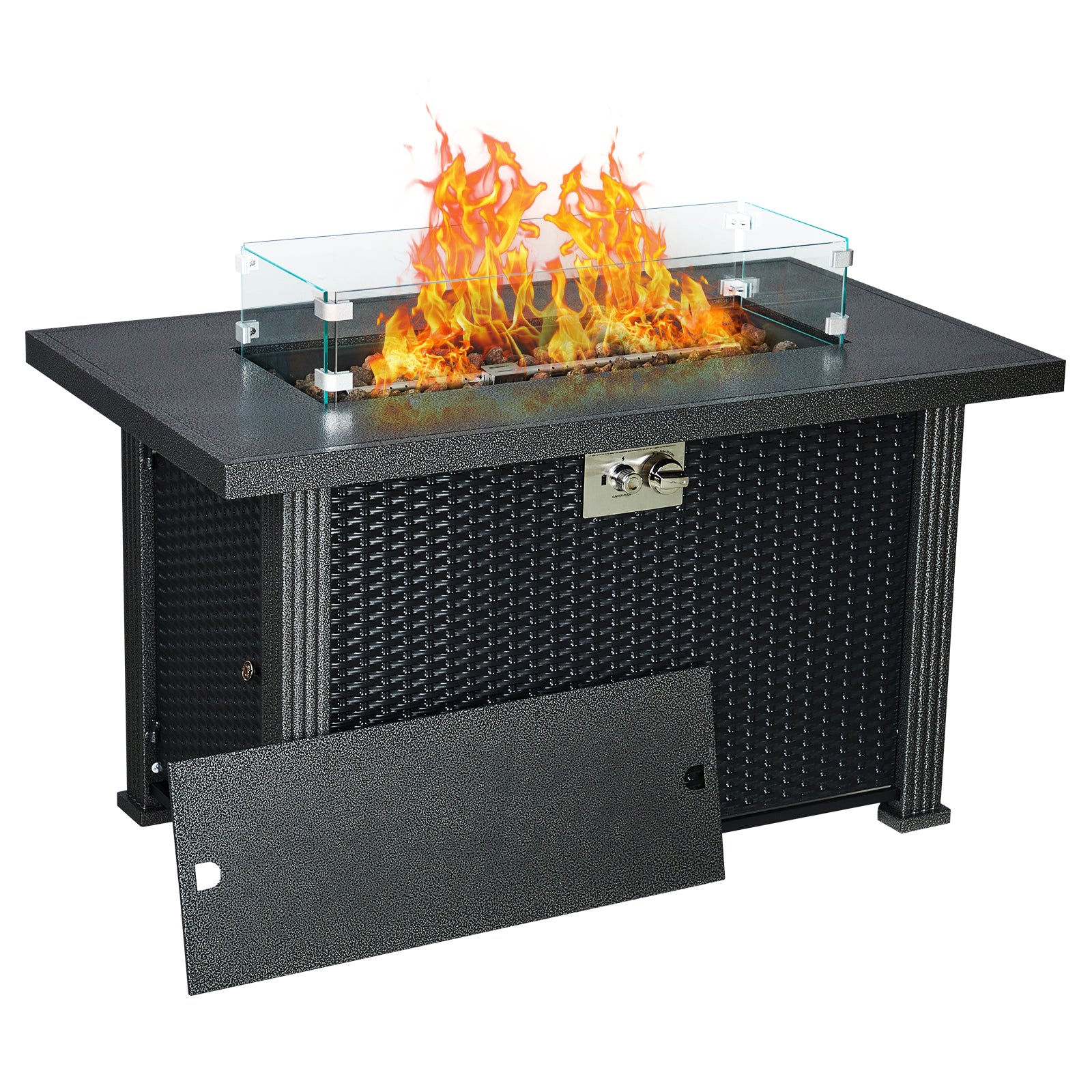 Garvee 44" x 25" x 24.5" Propane Fire Pit Table - 50,000 BTU Rectangle Fire Table with Windshield, Steel Frame & Iron Fence Surface, CSA Certified, Black