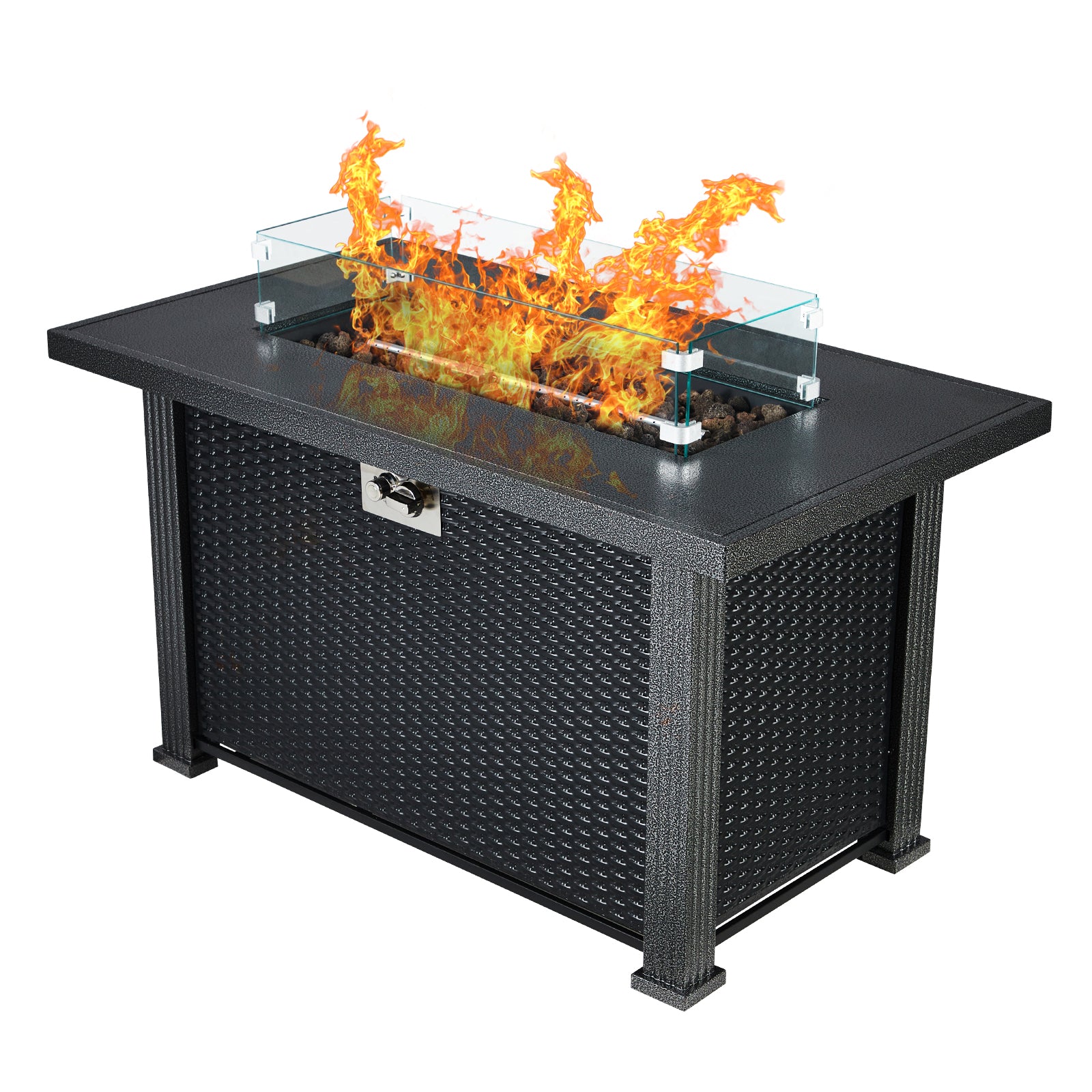 Garvee 44" x 25" x 24.5" Propane Fire Pit Table - 50,000 BTU Rectangle Fire Table with Windshield, Steel Frame & Iron Fence Surface, CSA Certified, Black