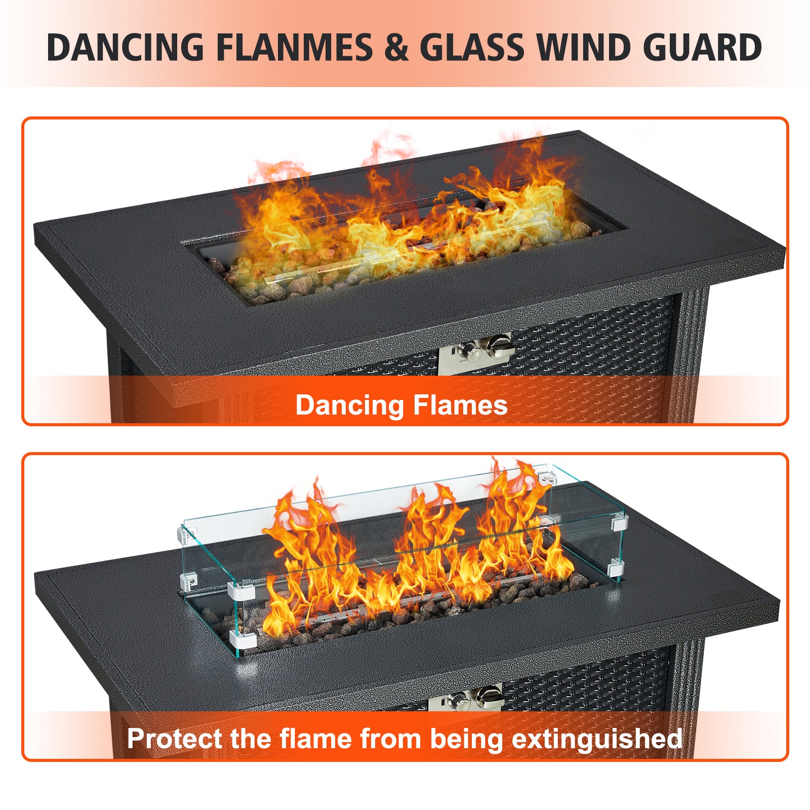 Garvee 44" x 25" x 24.5" Propane Fire Pit Table - 50,000 BTU Rectangle Fire Table with Windshield, Steel Frame & Iron Fence Surface, CSA Certified, Black