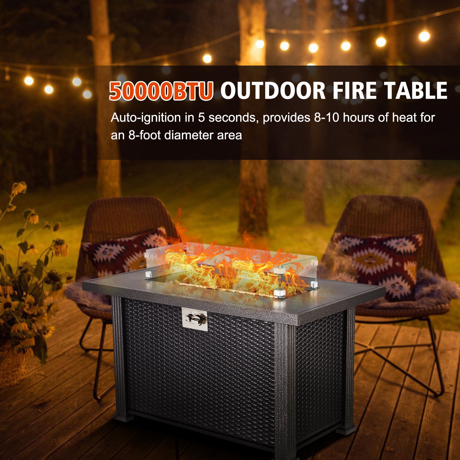 Garvee 44" x 25" x 24.5" Propane Fire Pit Table - 50,000 BTU Rectangle Fire Table with Windshield, Steel Frame & Iron Fence Surface, CSA Certified, Black