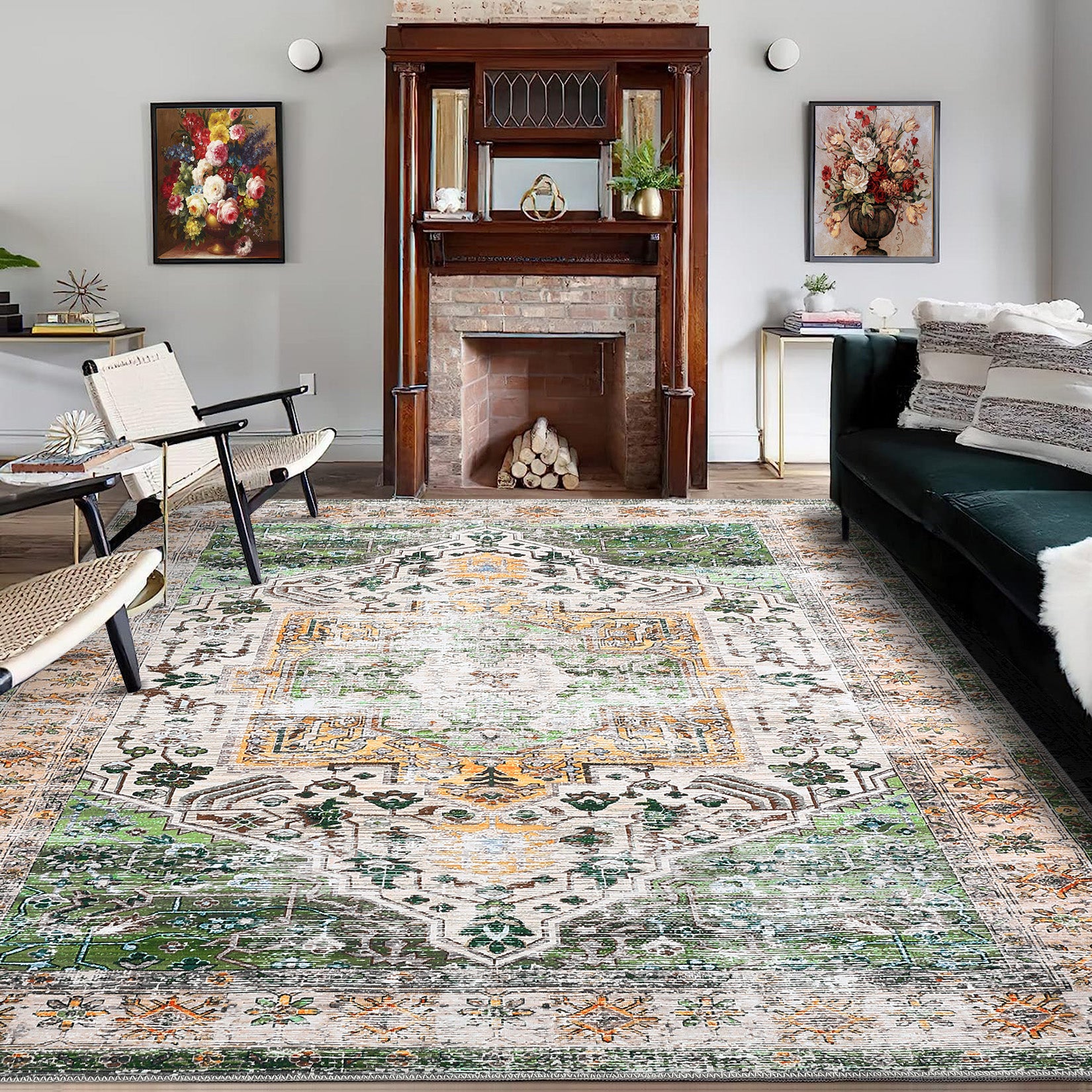 Garvee Area Rug 4x6 Washable Rug Vintage Print Rug Indoor Floor Cover Distressed Carpet Ultra Thin Rug Foldable Chenille Rug for Home Entryway Bedroom Living Room, Green, 4' x 6'