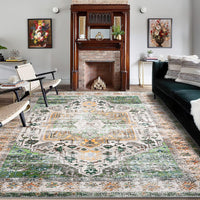 Garvee Area Rug 4x6 Washable Rug Vintage Print Rug Indoor Floor Cover Distressed Carpet Ultra Thin Rug Foldable Chenille Rug for Home Entryway Bedroom Living Room, Green, 4' x 6'