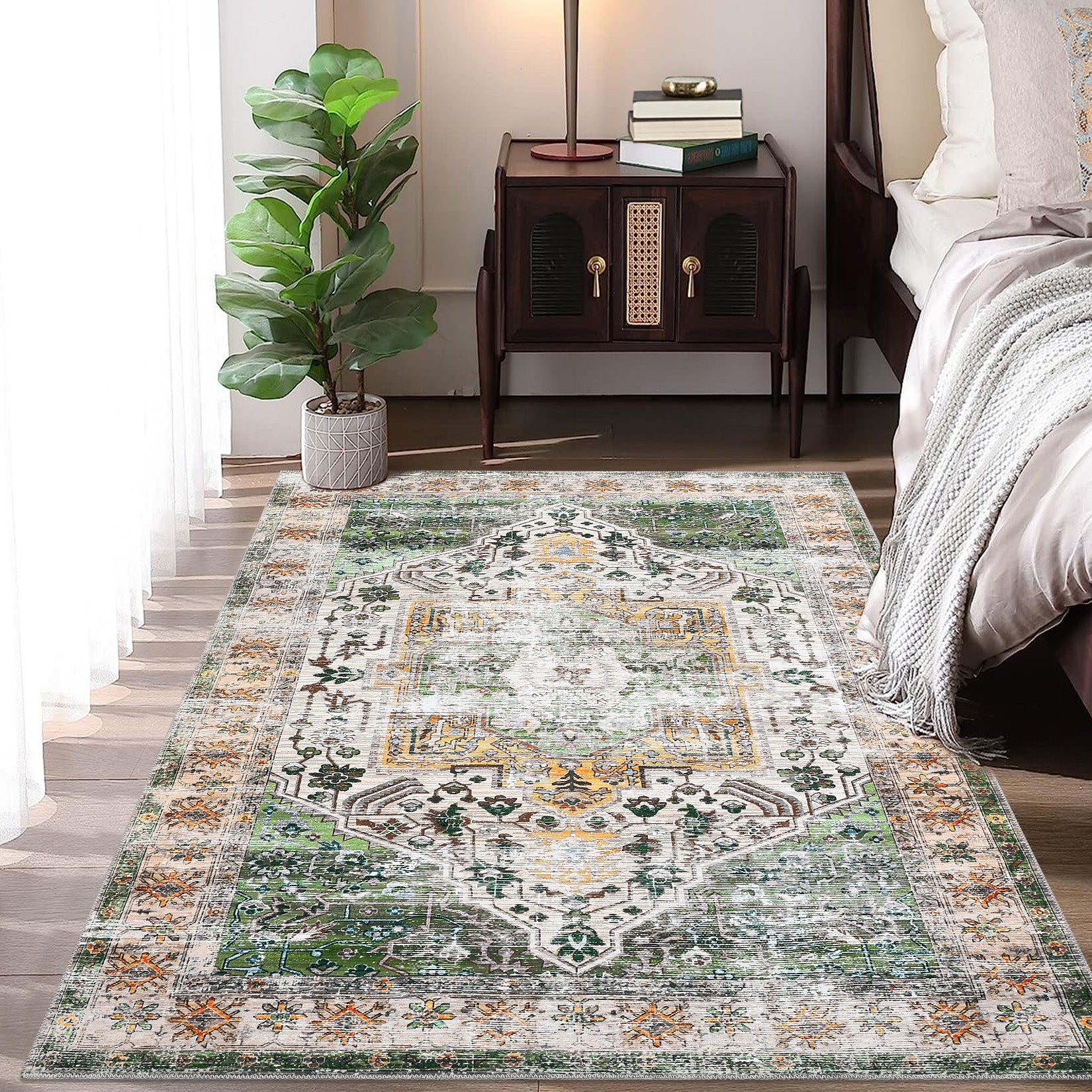 Garvee Area Rug 4x6 Washable Rug Vintage Print Rug Indoor Floor Cover Distressed Carpet Ultra Thin Rug Foldable Chenille Rug for Home Entryway Bedroom Living Room, Green, 4' x 6'