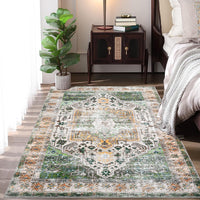 Garvee Area Rug 4x6 Washable Rug Vintage Print Rug Indoor Floor Cover Distressed Carpet Ultra Thin Rug Foldable Chenille Rug for Home Entryway Bedroom Living Room, Green, 4' x 6'
