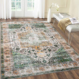 Garvee Area Rug 4x6 Washable Rug Vintage Print Rug Indoor Floor Cover Distressed Carpet Ultra Thin Rug Foldable Chenille Rug for Home Entryway Bedroom Living Room, Green, 4' x 6' - Green