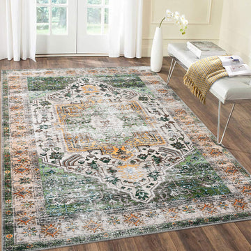 Garvee Area Rug 4x6 Washable Rug Vintage Print Rug Indoor Floor Cover Distressed Carpet Ultra Thin Rug Foldable Chenille Rug for Home Entryway Bedroom Living Room, Green, 4' x 6'