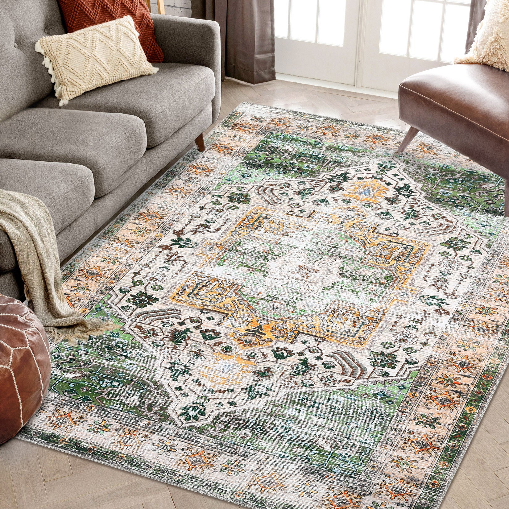 Garvee Area Rug 4x6 Washable Rug Vintage Print Rug Indoor Floor Cover Distressed Carpet Ultra Thin Rug Foldable Chenille Rug for Home Entryway Bedroom Living Room, Green, 4' x 6'