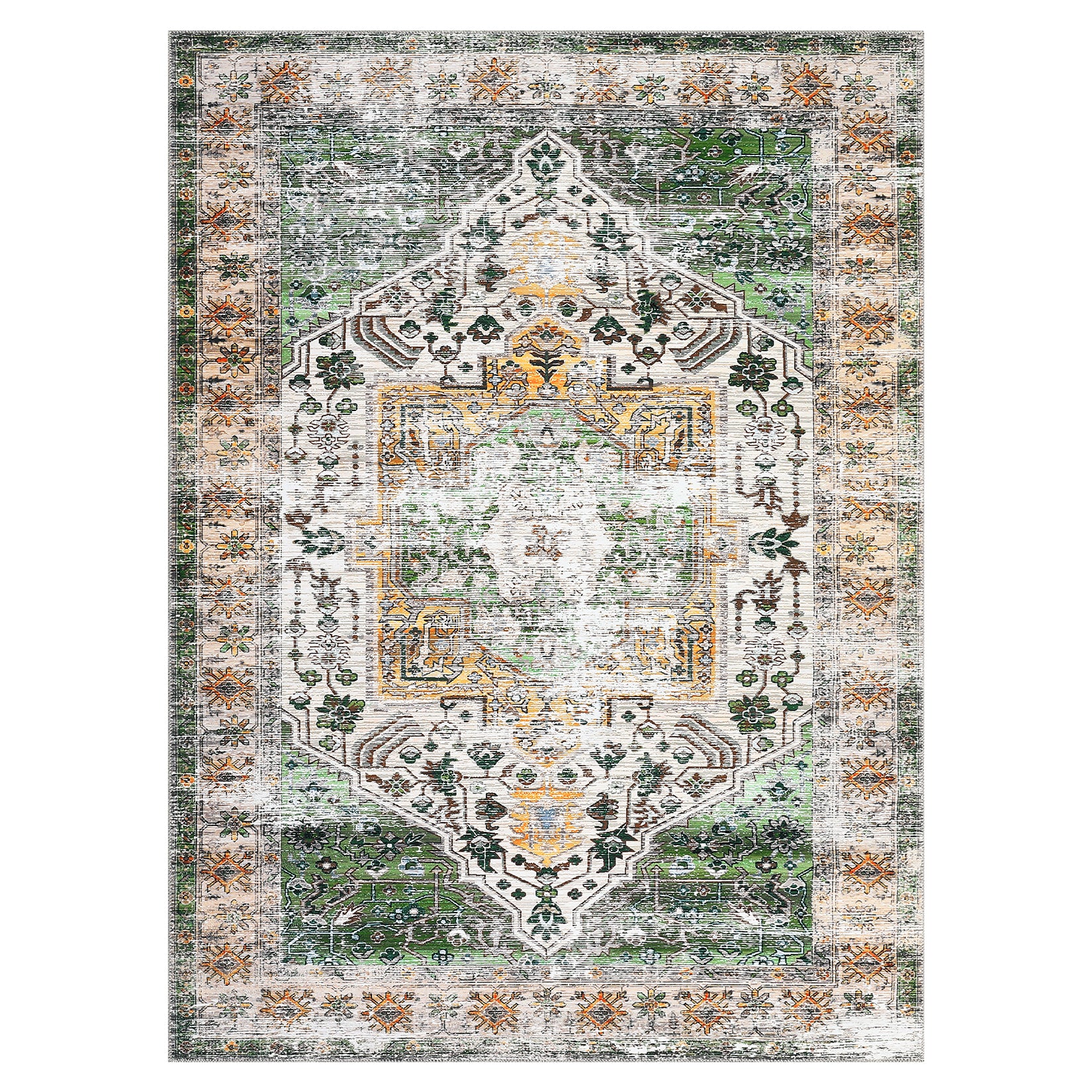 Garvee Area Rug 4x6 Washable Rug Vintage Print Rug Indoor Floor Cover Distressed Carpet Ultra Thin Rug Foldable Chenille Rug for Home Entryway Bedroom Living Room, Green, 4' x 6'