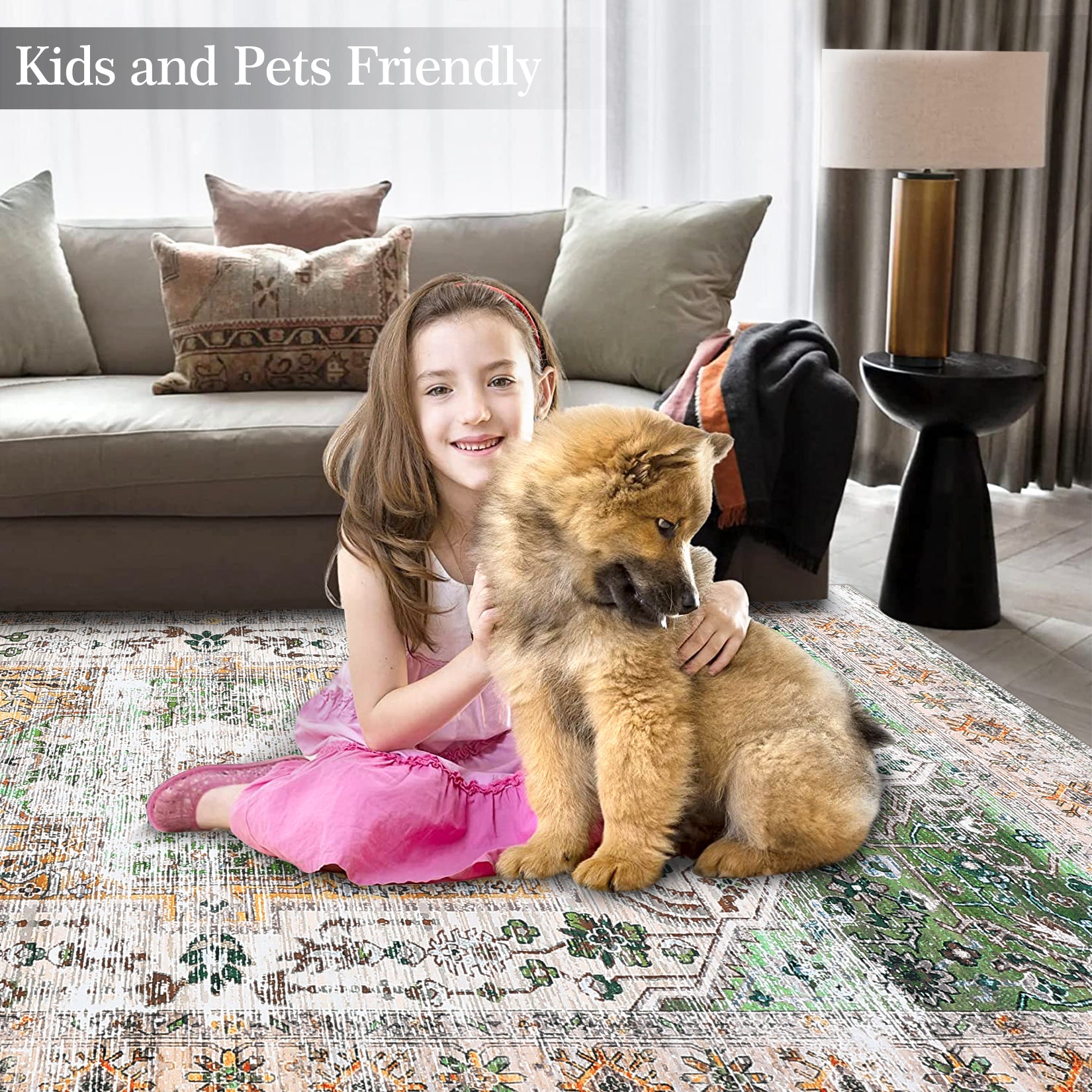 Garvee Area Rug 4x6 Washable Rug Vintage Print Rug Indoor Floor Cover Distressed Carpet Ultra Thin Rug Foldable Chenille Rug for Home Entryway Bedroom Living Room, Green, 4' x 6'