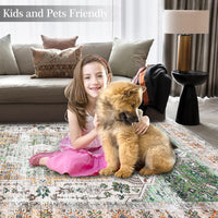 Garvee Area Rug 4x6 Washable Rug Vintage Print Rug Indoor Floor Cover Distressed Carpet Ultra Thin Rug Foldable Chenille Rug for Home Entryway Bedroom Living Room, Green, 4' x 6'