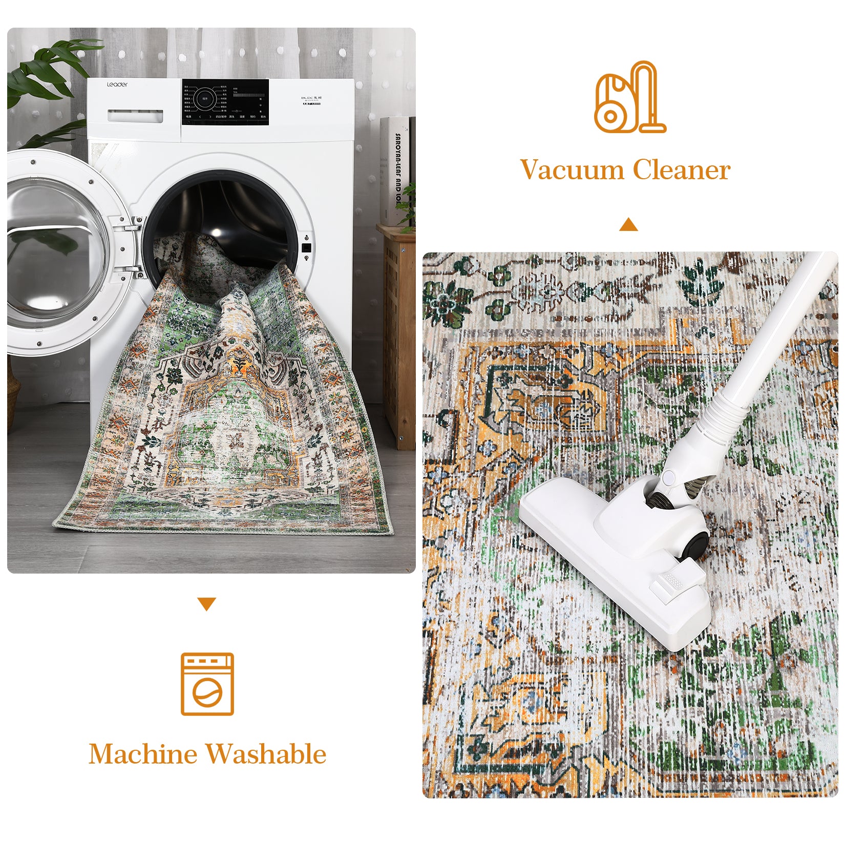 Garvee Area Rug 4x6 Washable Rug Vintage Print Rug Indoor Floor Cover Distressed Carpet Ultra Thin Rug Foldable Chenille Rug for Home Entryway Bedroom Living Room, Green, 4' x 6'