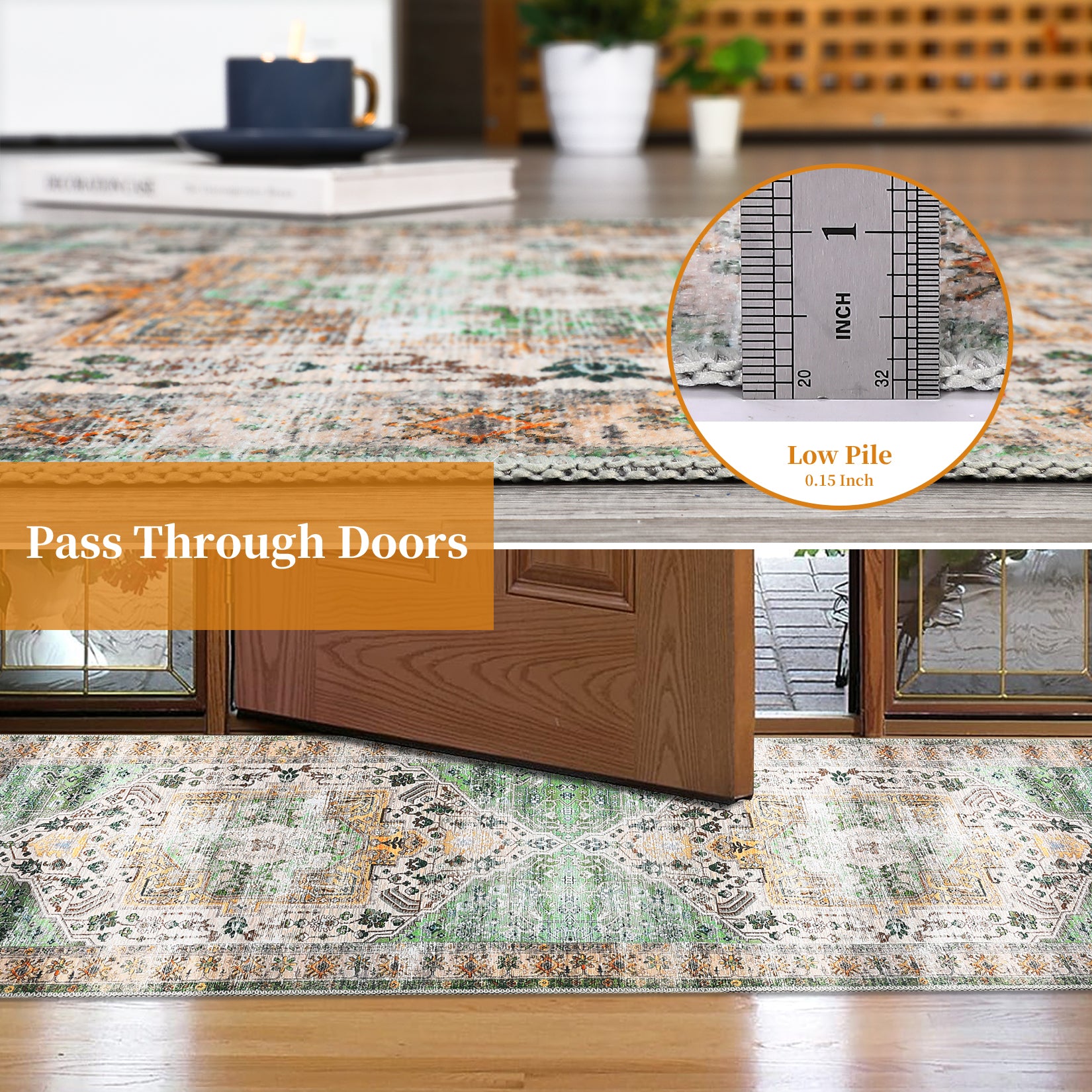 Garvee Area Rug 4x6 Washable Rug Vintage Print Rug Indoor Floor Cover Distressed Carpet Ultra Thin Rug Foldable Chenille Rug for Home Entryway Bedroom Living Room, Green, 4' x 6'