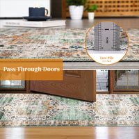 Garvee Area Rug 4x6 Washable Rug Vintage Print Rug Indoor Floor Cover Distressed Carpet Ultra Thin Rug Foldable Chenille Rug for Home Entryway Bedroom Living Room, Green, 4' x 6'