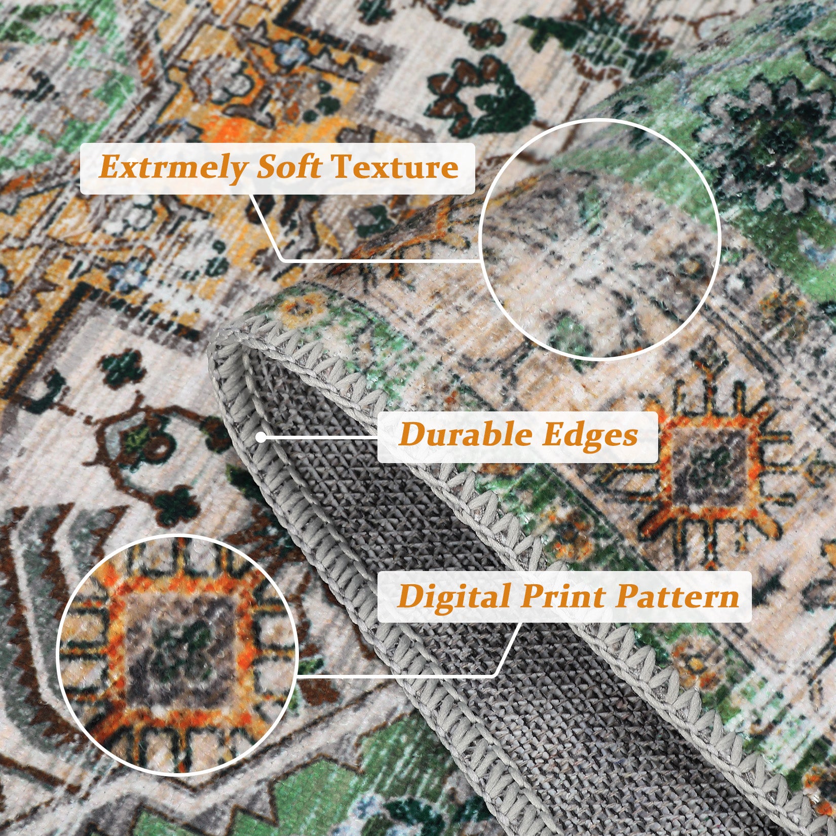 Garvee Area Rug 4x6 Washable Rug Vintage Print Rug Indoor Floor Cover Distressed Carpet Ultra Thin Rug Foldable Chenille Rug for Home Entryway Bedroom Living Room, Green, 4' x 6'