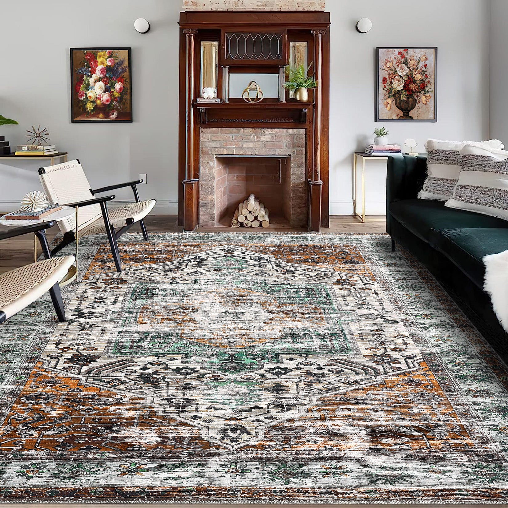 Garvee Oriental Rusty Brown 4x6 Area Washable Rug Vintage Print Rug Indoor Floor Cover Distressed Carpet Ultra Thin Rug Foldable Chenille Rug for Home Entryway Bedroom Living Room