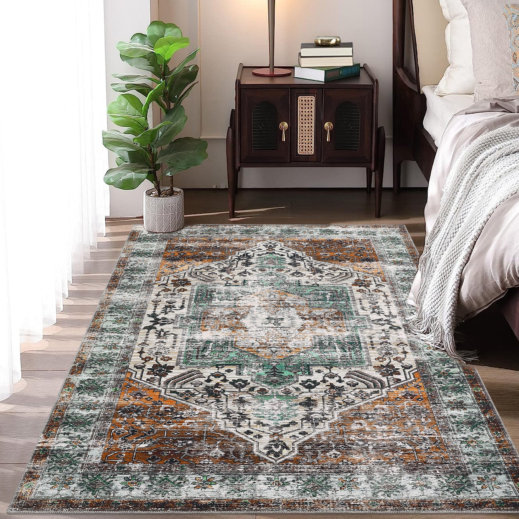 Garvee Oriental Rusty Brown 4x6 Area Washable Rug Vintage Print Rug Indoor Floor Cover Distressed Carpet Ultra Thin Rug Foldable Chenille Rug for Home Entryway Bedroom Living Room