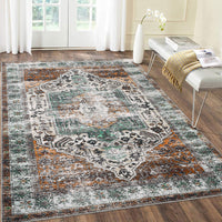 Garvee Oriental Rusty Brown 4x6 Area Washable Rug Vintage Print Rug Indoor Floor Cover Distressed Carpet Ultra Thin Rug Foldable Chenille Rug for Home Entryway Bedroom Living Room