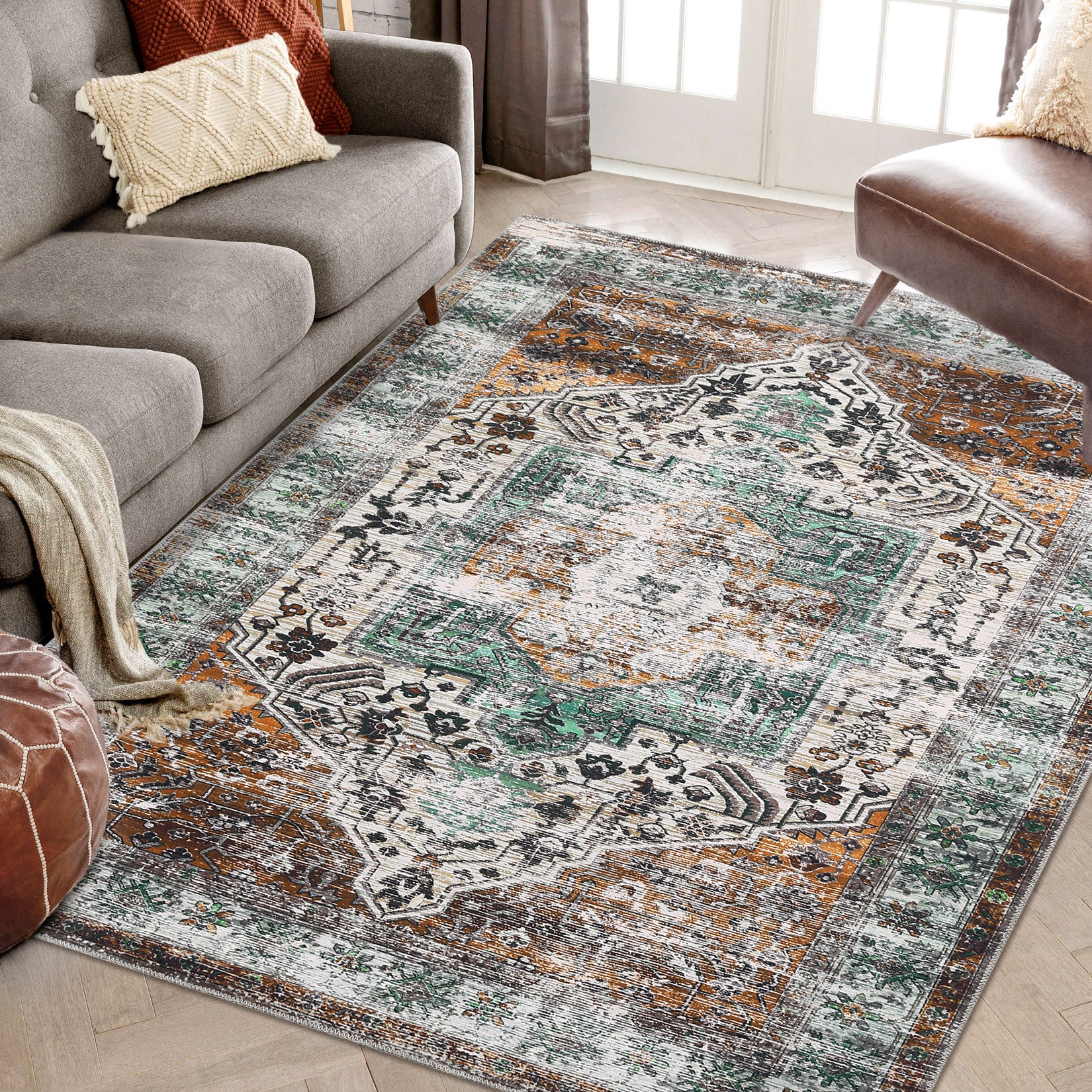 Garvee Oriental Rusty Brown 4x6 Area Washable Rug Vintage Print Rug Indoor Floor Cover Distressed Carpet Ultra Thin Rug Foldable Chenille Rug for Home Entryway Bedroom Living Room