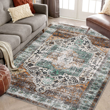Garvee Oriental Rusty Brown 4x6 Area Washable Rug Vintage Print Rug Indoor Floor Cover Distressed Carpet Ultra Thin Rug Foldable Chenille Rug for Home Entryway Bedroom Living Room