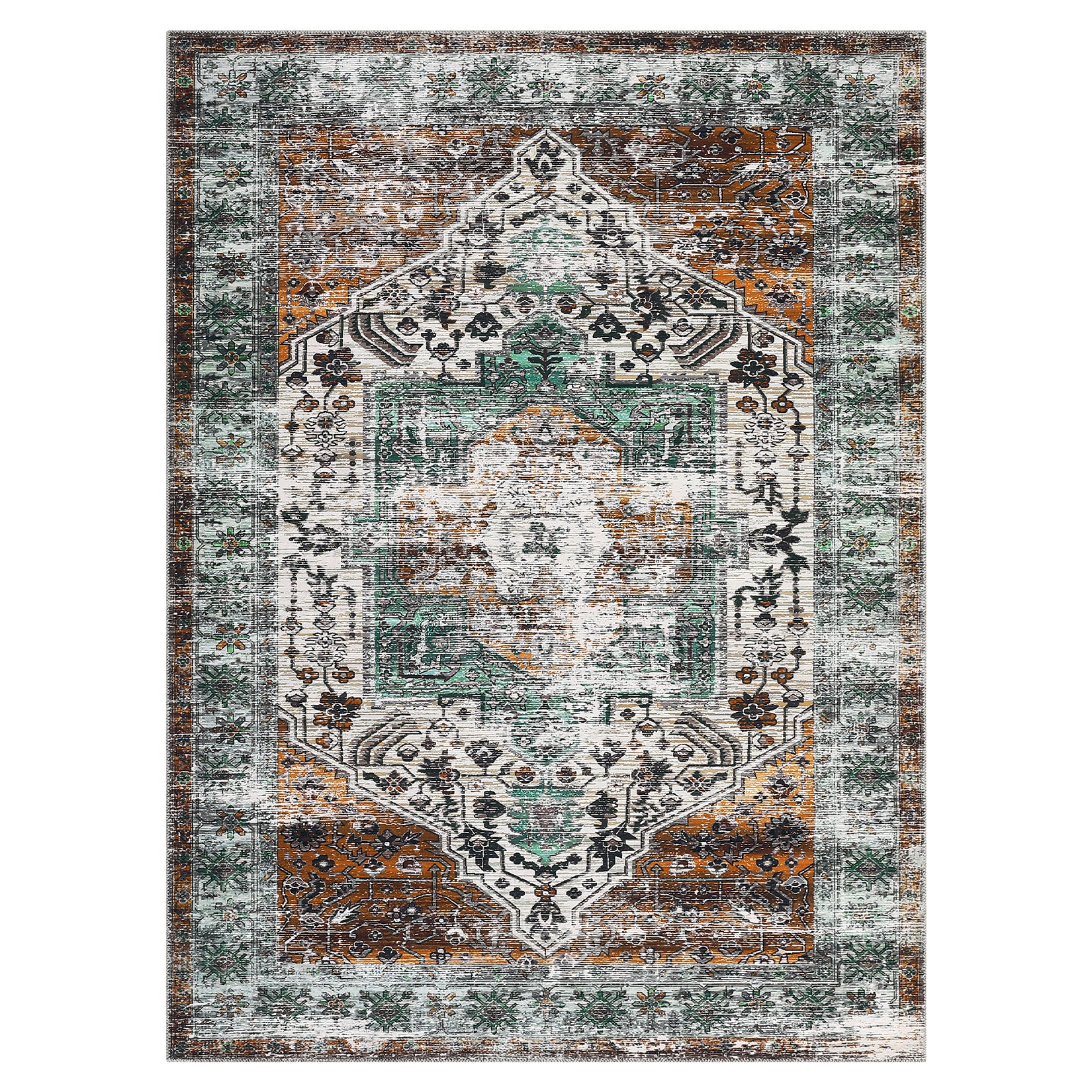 Garvee Oriental Rusty Brown 4x6 Area Washable Rug Vintage Print Rug Indoor Floor Cover Distressed Carpet Ultra Thin Rug Foldable Chenille Rug for Home Entryway Bedroom Living Room