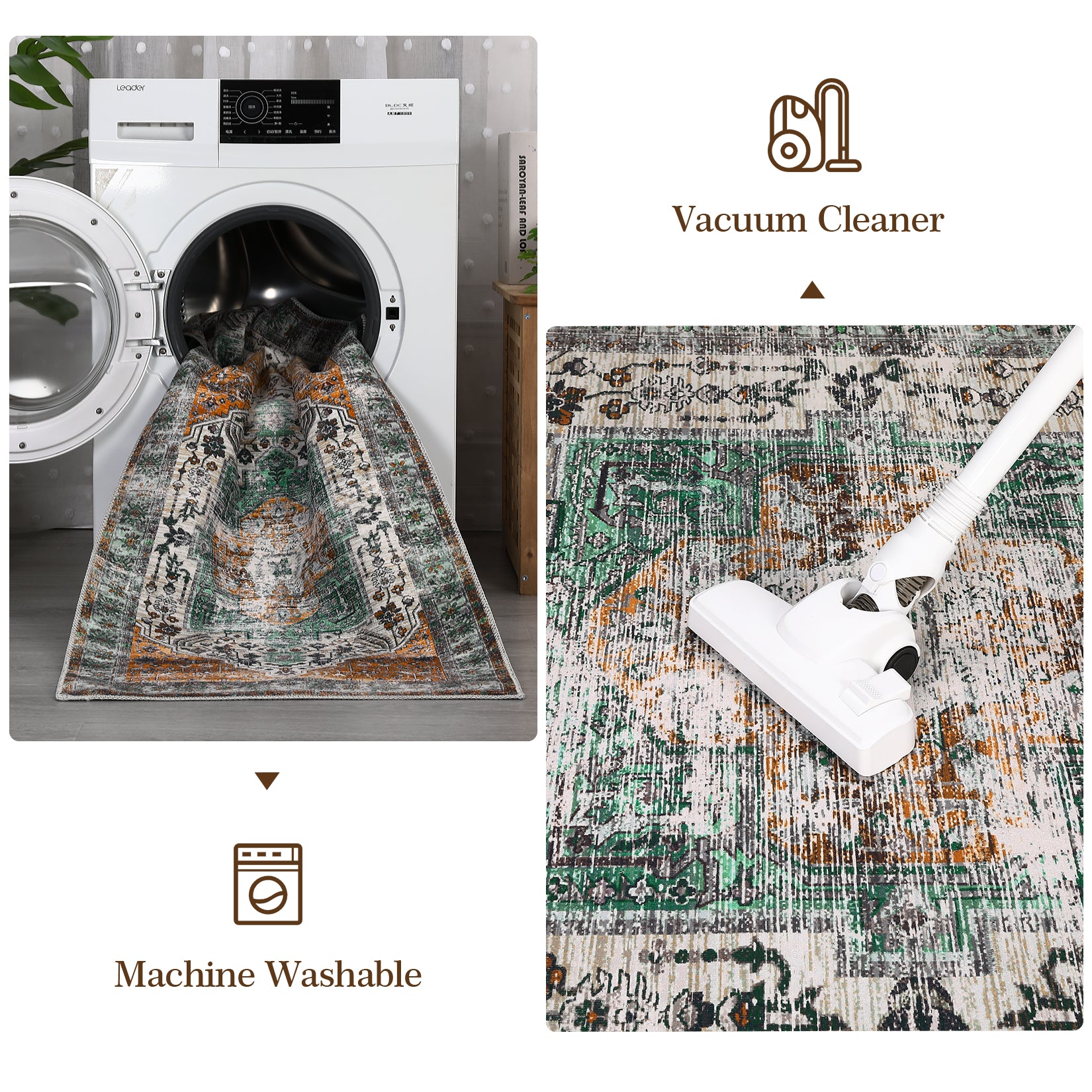 Garvee Oriental Rusty Brown 4x6 Area Washable Rug Vintage Print Rug Indoor Floor Cover Distressed Carpet Ultra Thin Rug Foldable Chenille Rug for Home Entryway Bedroom Living Room