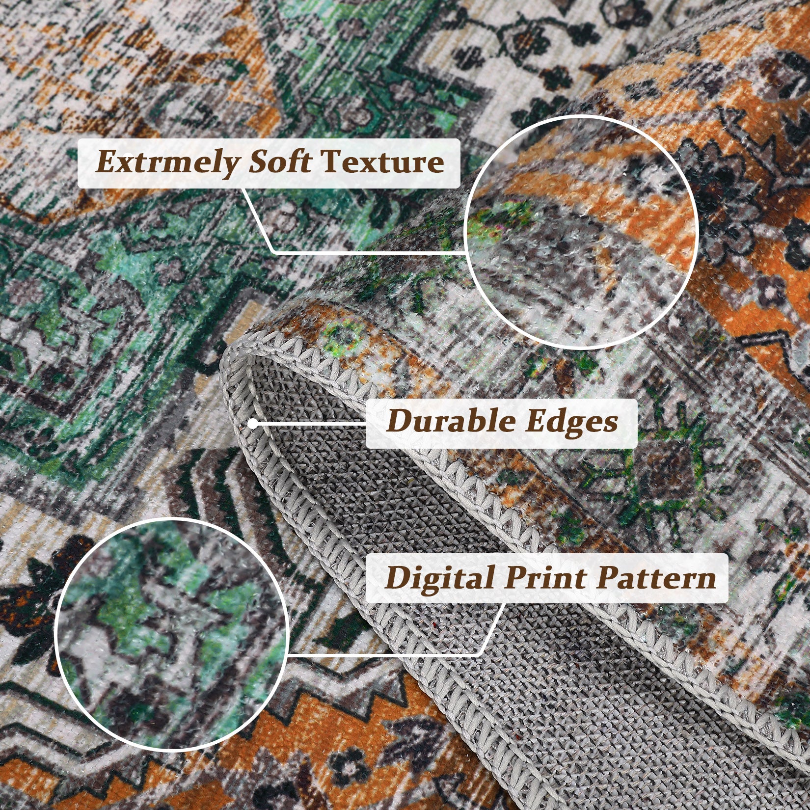 Garvee Oriental Rusty Brown 4x6 Area Washable Rug Vintage Print Rug Indoor Floor Cover Distressed Carpet Ultra Thin Rug Foldable Chenille Rug for Home Entryway Bedroom Living Room