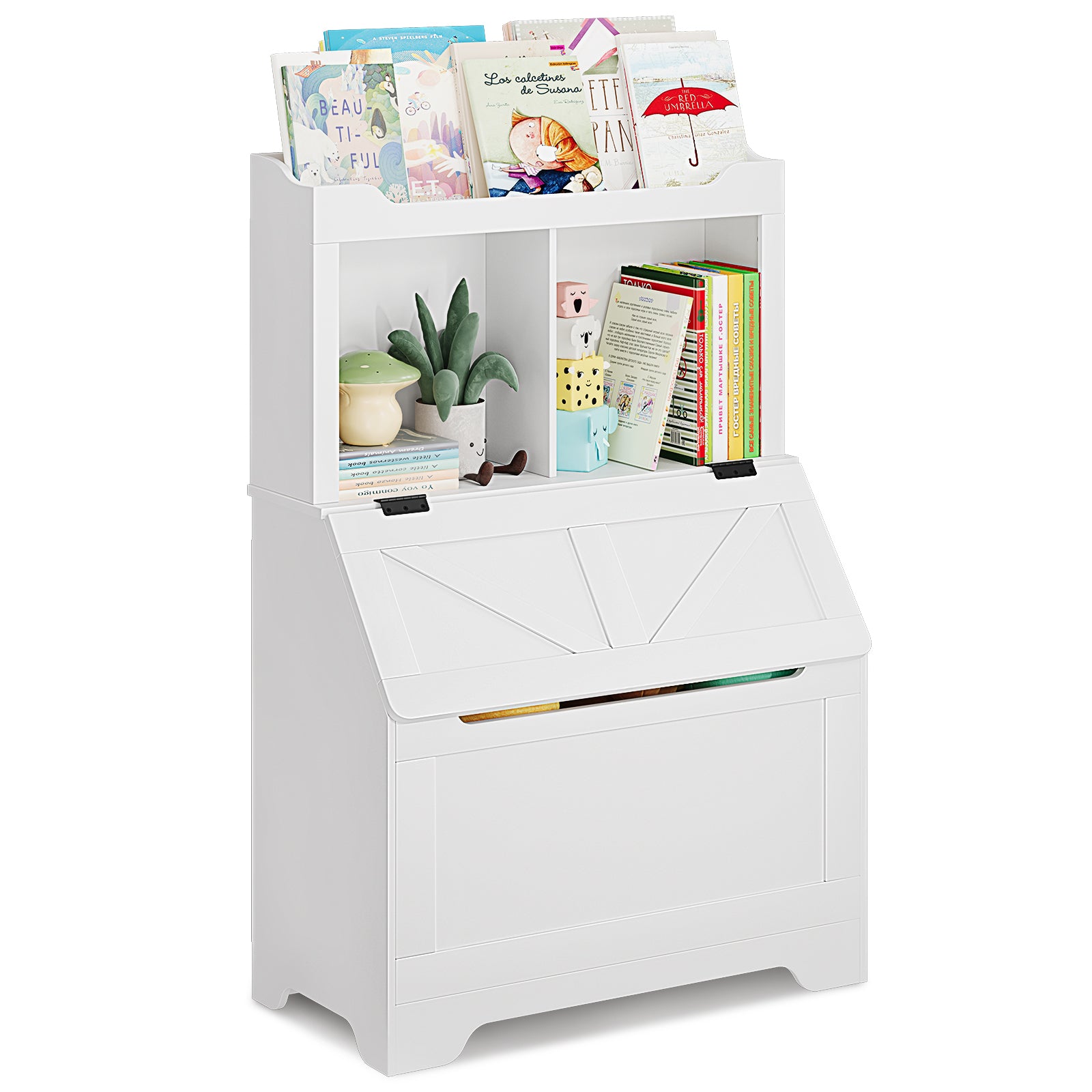 Garvee Toy Storage Organizer, Kids Bookshelf with Flip-Top Lid and Cubby, Wood Kids Bookcases Fit for Playroom, Children's Room, Bedroom, Nursery School - White
