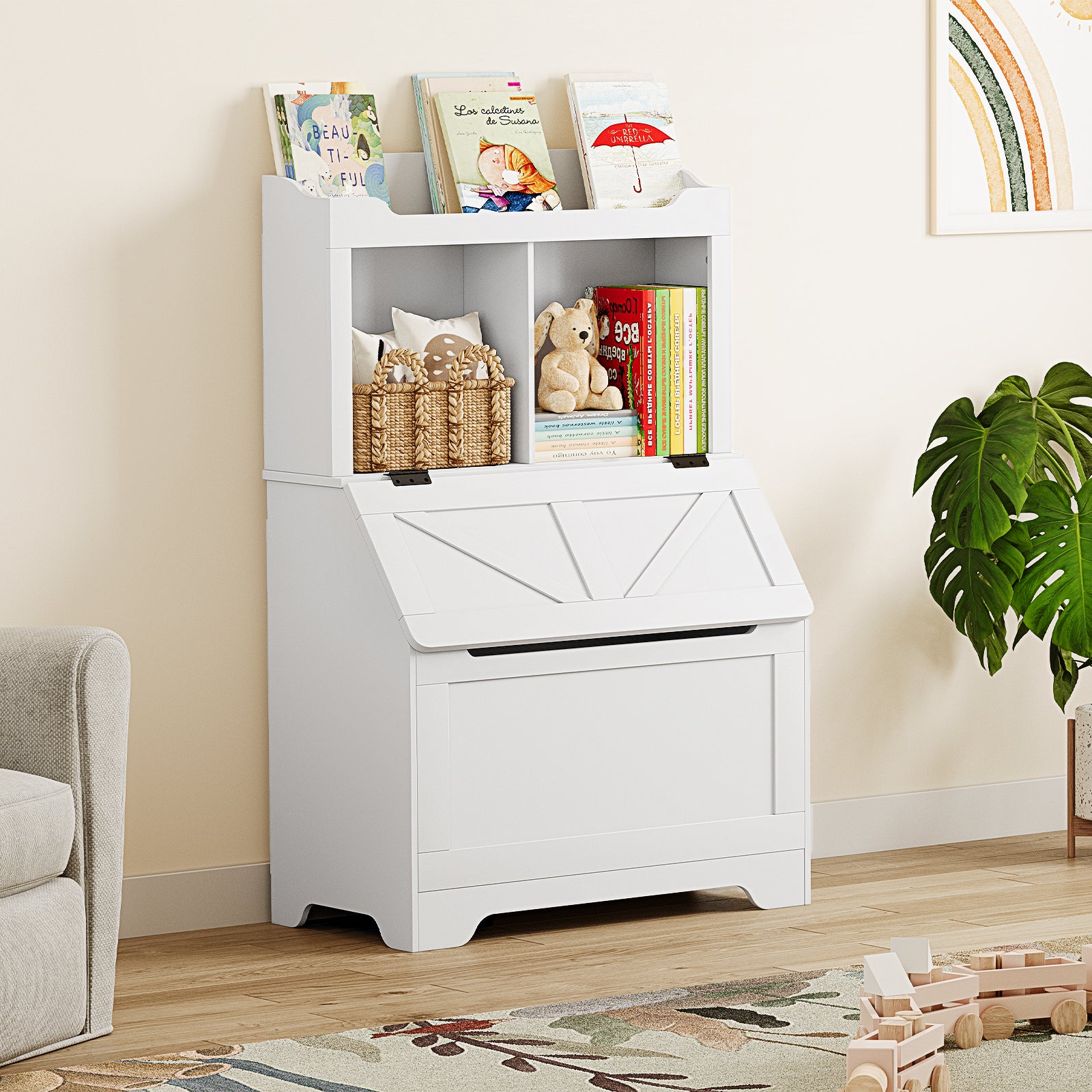 Garvee Toy Storage Organizer, Kids Bookshelf with Flip-Top Lid and Cubby, Wood Kids Bookcases Fit for Playroom, Children's Room, Bedroom, Nursery School - White