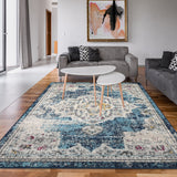 Garvee Large Living Room Area Rug 7'10" x 10'2" Vintage Distressed Oriental Floral Accent Rug Blue Low Pile Stain Resistant - Blue