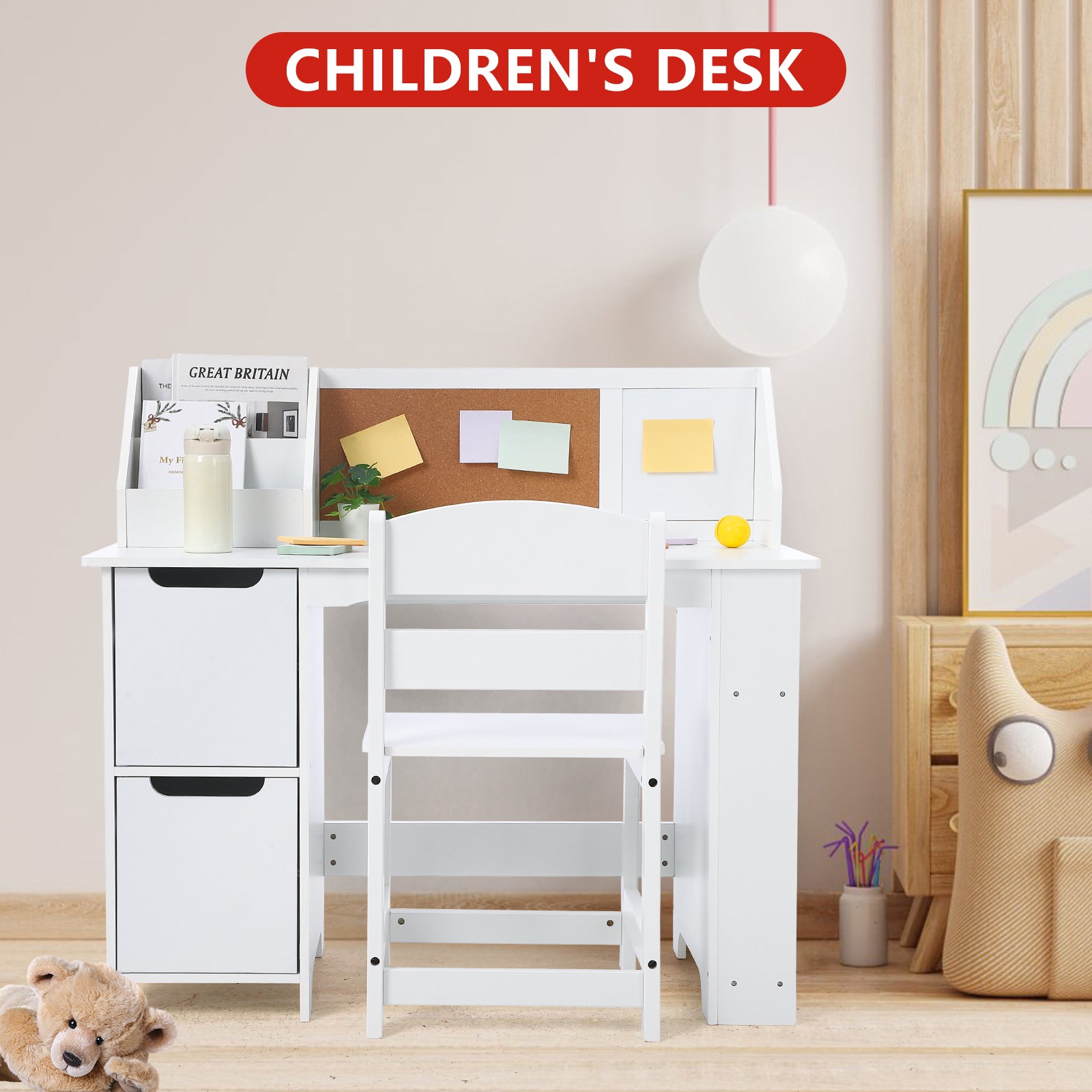 Garvee White Study Desk and Chair Set with Bookshelf, Bulletin Board, and Cabinets Ideal for Boys and Girls Ages 3-10