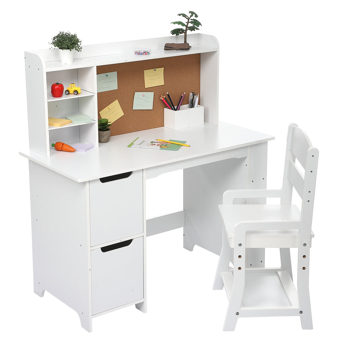 Garvee Kids Study Desk with Chair&Bulletin Board, Wooden Kids Table and Chairs Set for 5-12, Study Desk with Storage Kids Writing Desk Computer Workstation for Bedroom, White