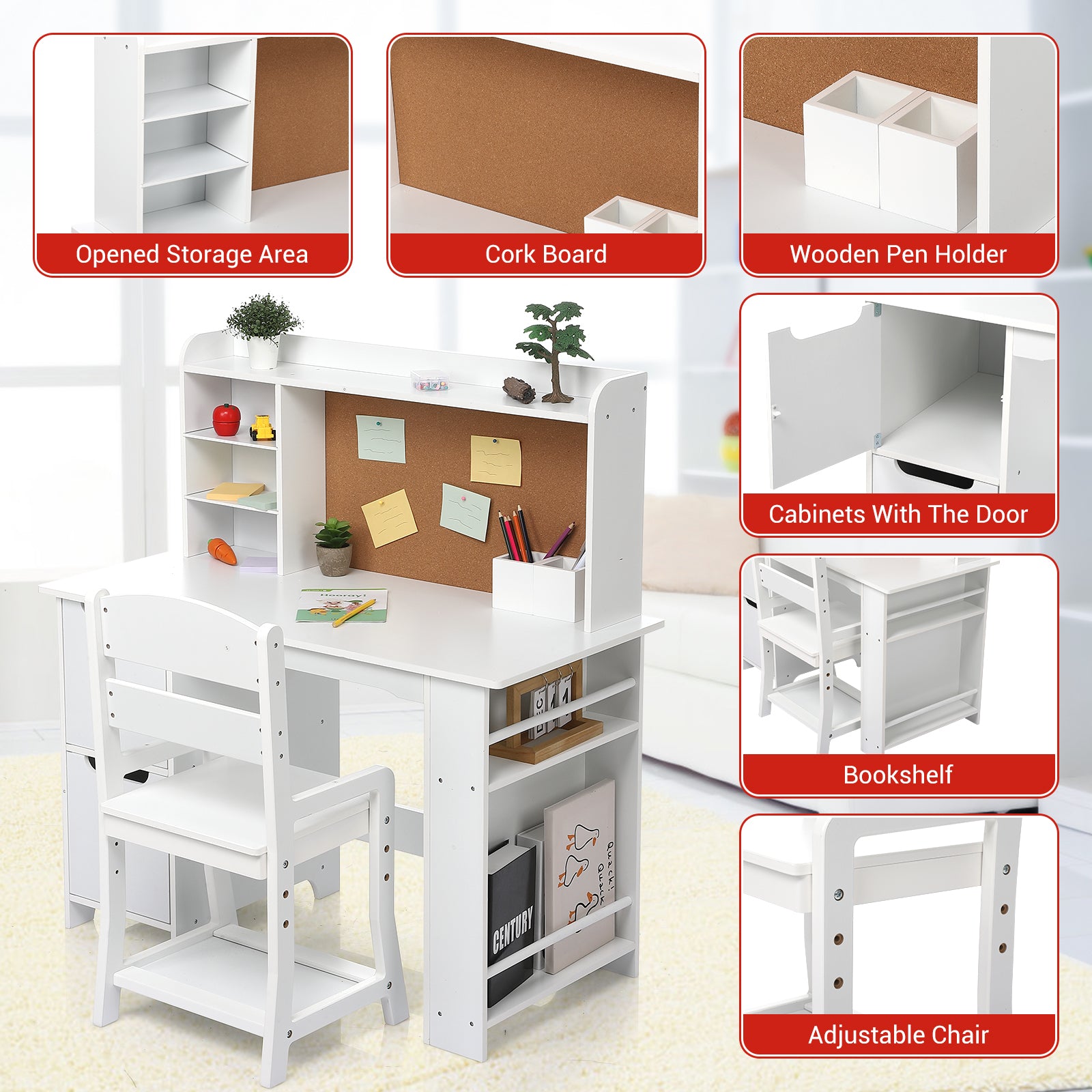 Garvee Kids Study Desk with Chair&Bulletin Board, Wooden Kids Table and Chairs Set for 5-12, Study Desk with Storage Kids Writing Desk Computer Workstation for Bedroom, White