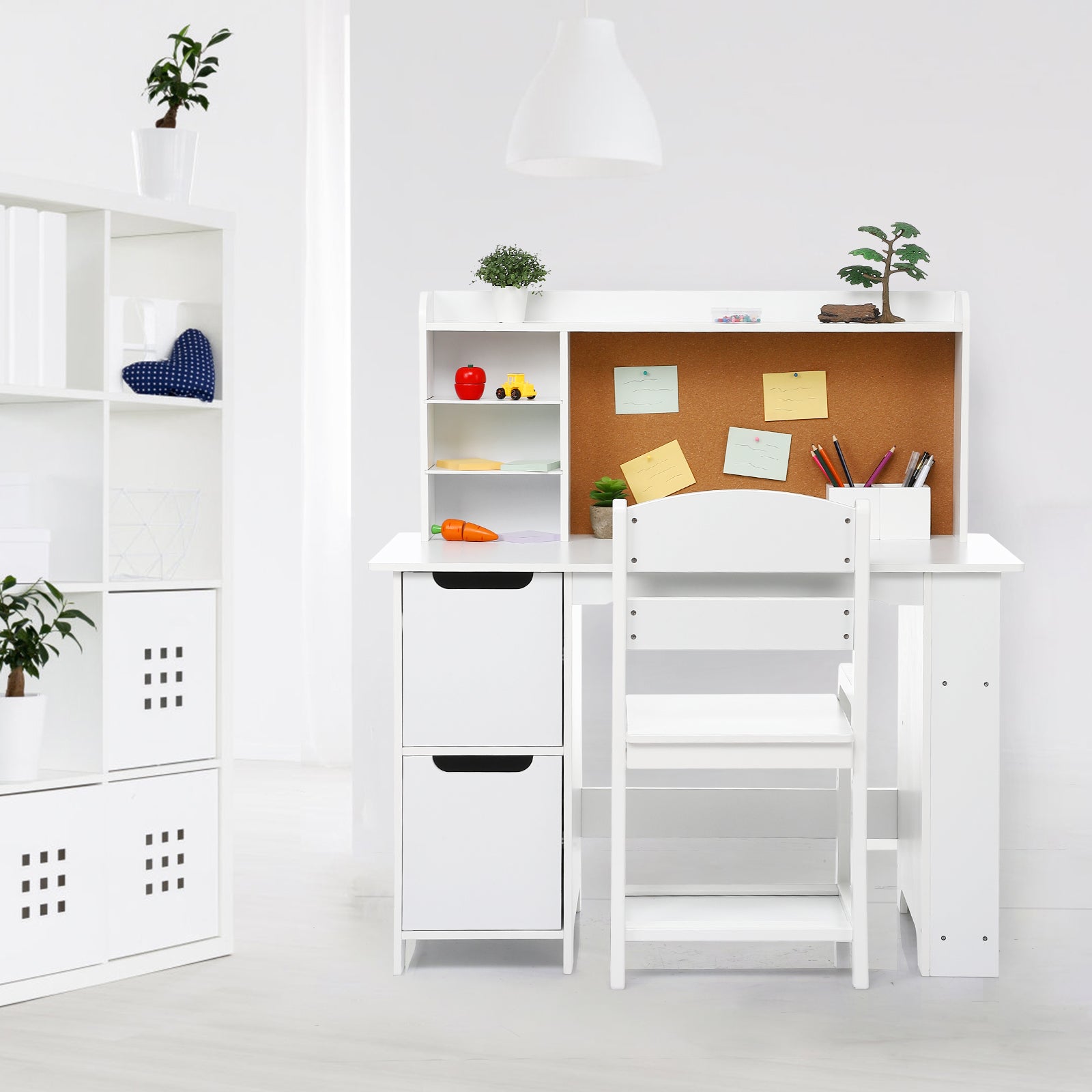 Garvee Kids Study Desk with Chair&Bulletin Board, Wooden Kids Table and Chairs Set for 5-12, Study Desk with Storage Kids Writing Desk Computer Workstation for Bedroom, White