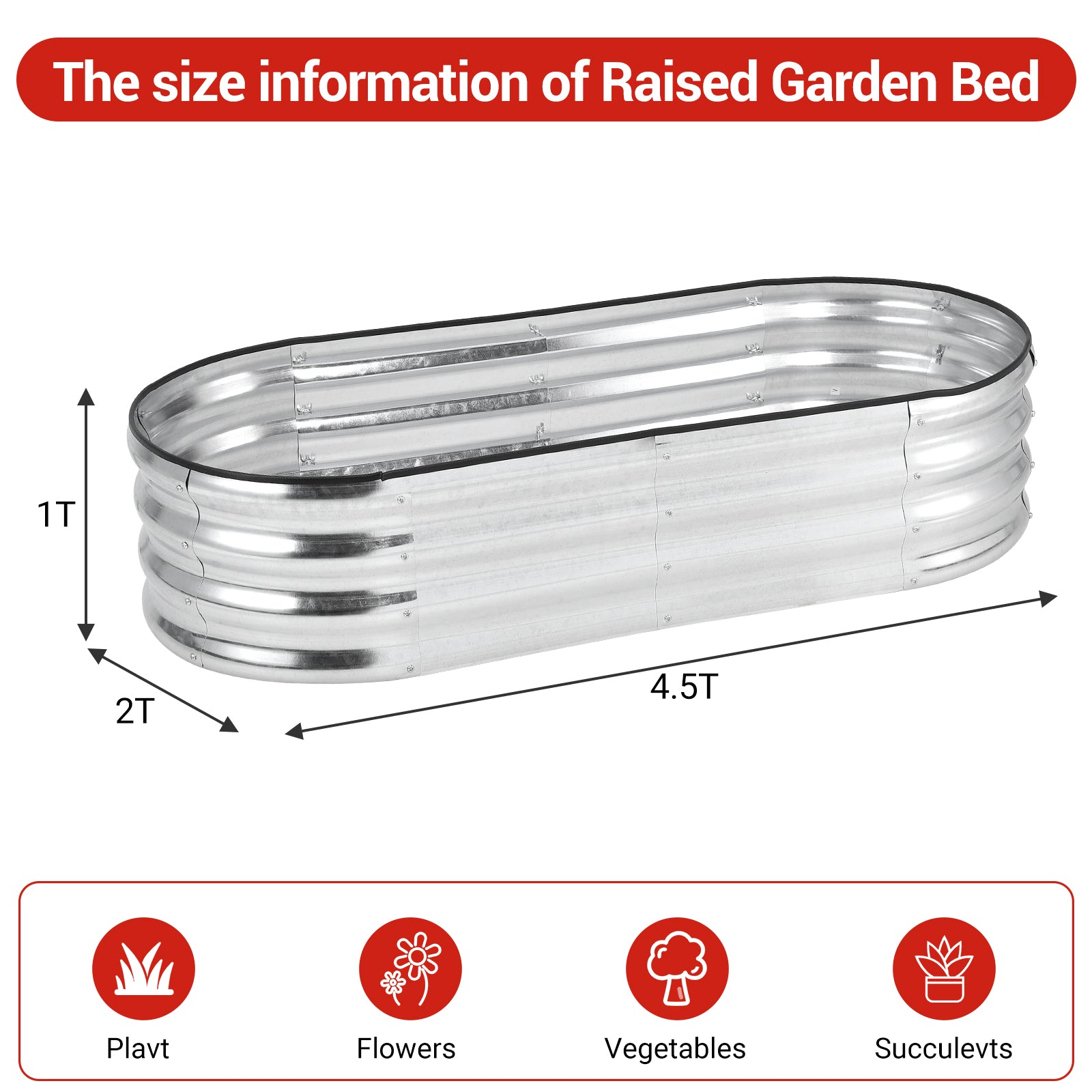 Garvee 4.5×2×1ft Silver Raised Garden Bed - Galvanized Metal, Anti-Rust, Open Base, Rubber Edge, Easy Assembly, Outdoor Use
