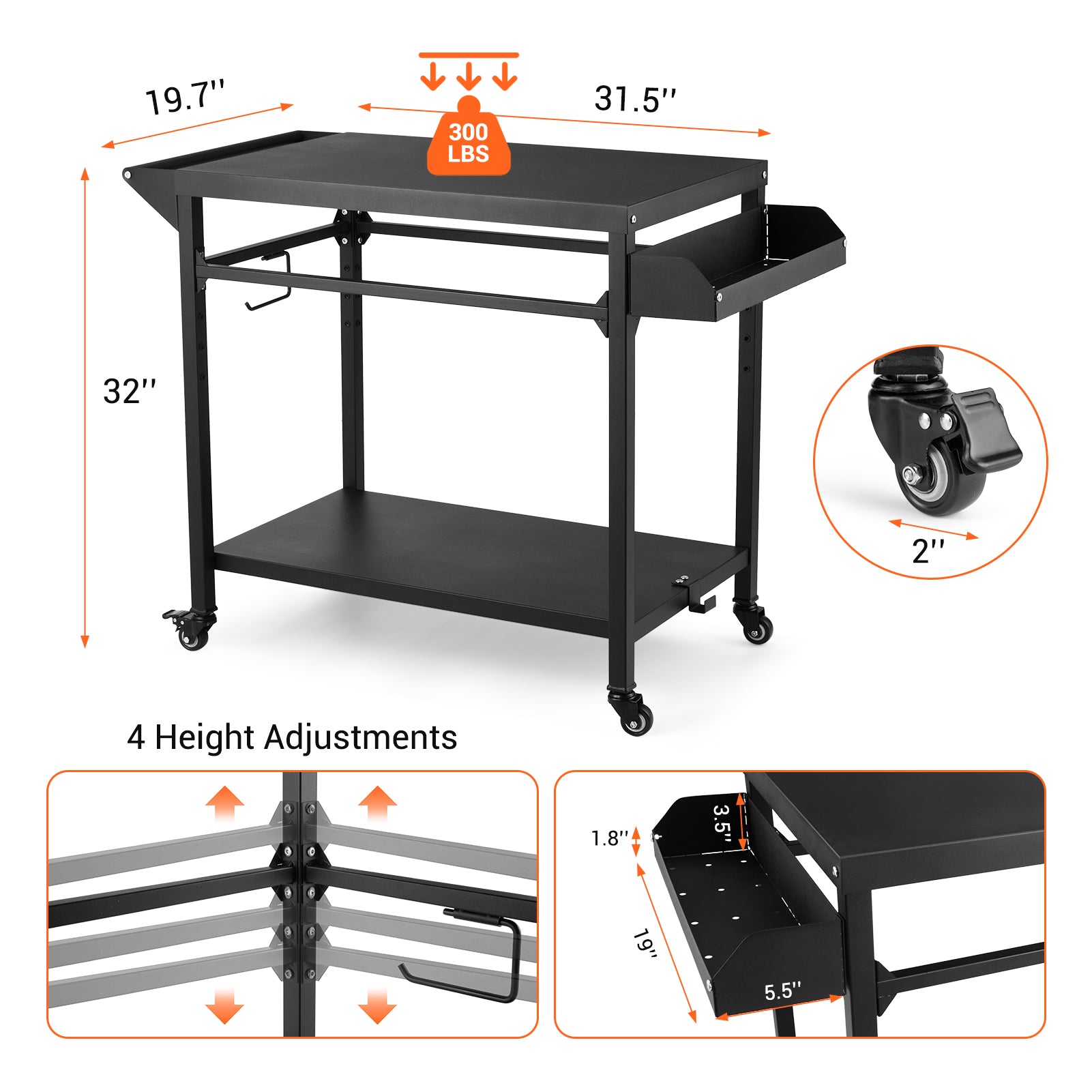 Garvee Outdoor Grill Cart, Pizza Oven Stand Table with Lockable Wheels for Outside Patio, Heavy Duty Movable Outdoor Cooking Prep Table BBQ Smoker Cart for Backyard, Camping and Parties, Black