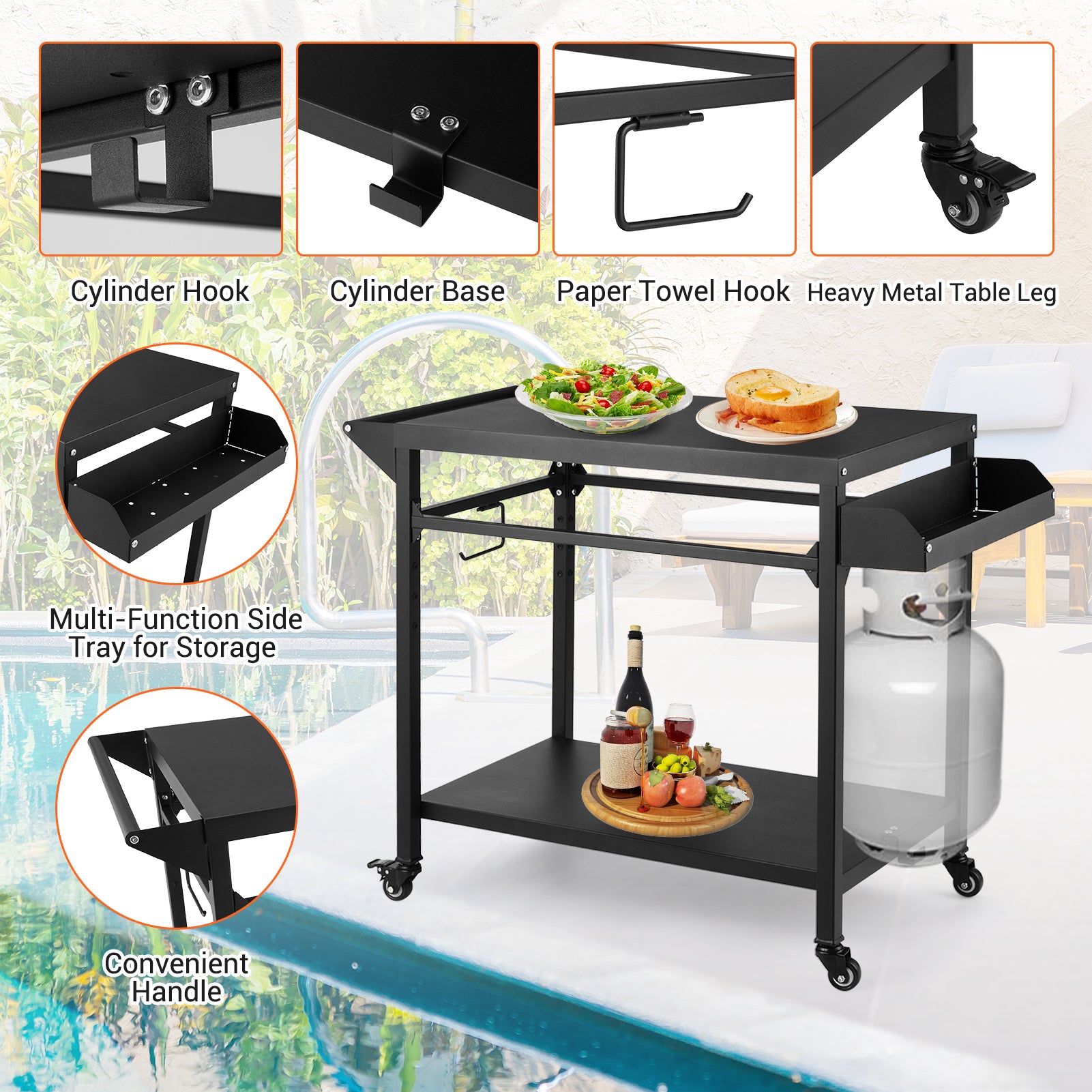 Garvee Outdoor Grill Cart, Pizza Oven Stand Table with Lockable Wheels for Outside Patio, Heavy Duty Movable Outdoor Cooking Prep Table BBQ Smoker Cart for Backyard, Camping and Parties, Black