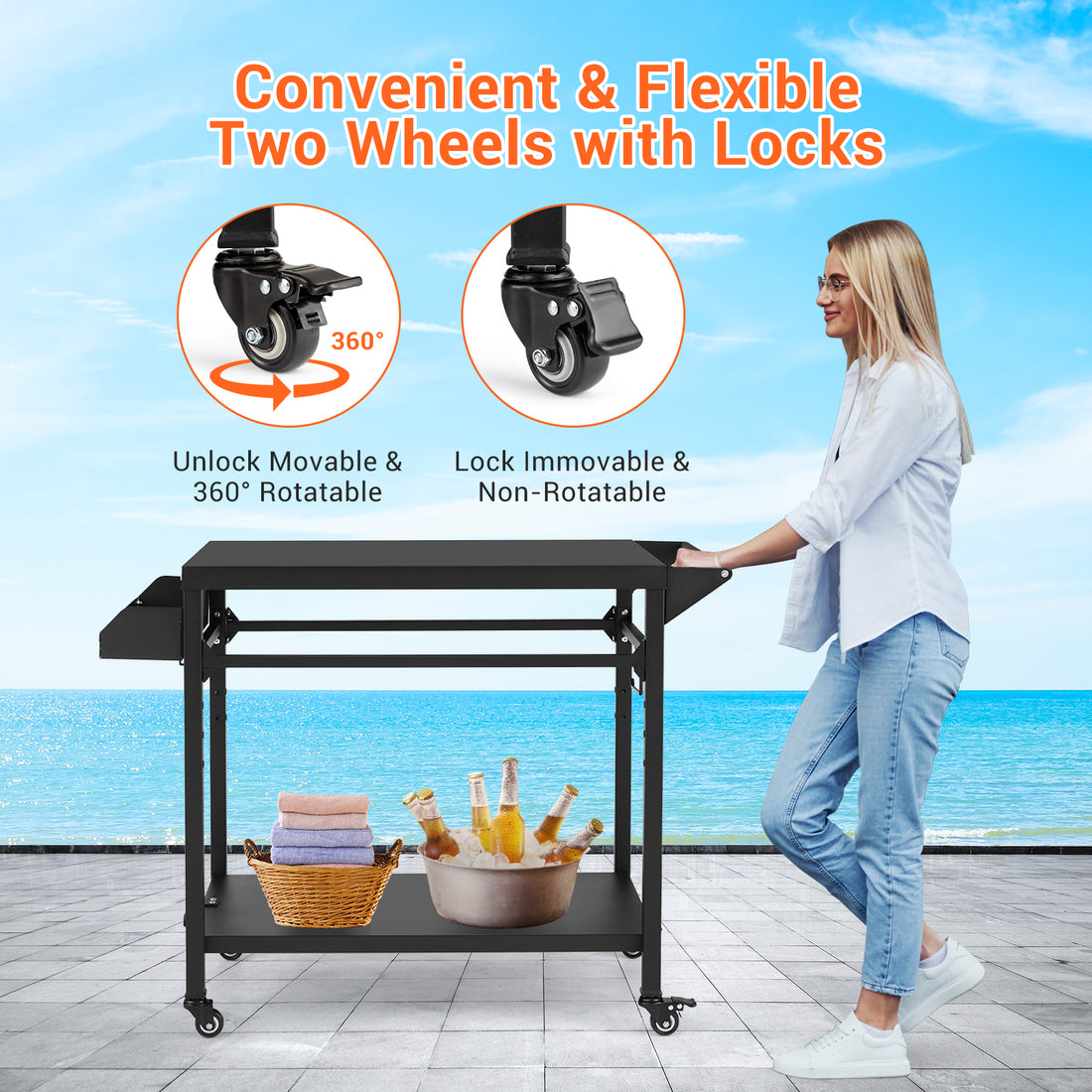 Garvee Outdoor Grill Cart, Pizza Oven Stand Table with Lockable Wheels for Outside Patio, Heavy Duty Movable Outdoor Cooking Prep Table BBQ Smoker Cart for Backyard, Camping and Parties, Black