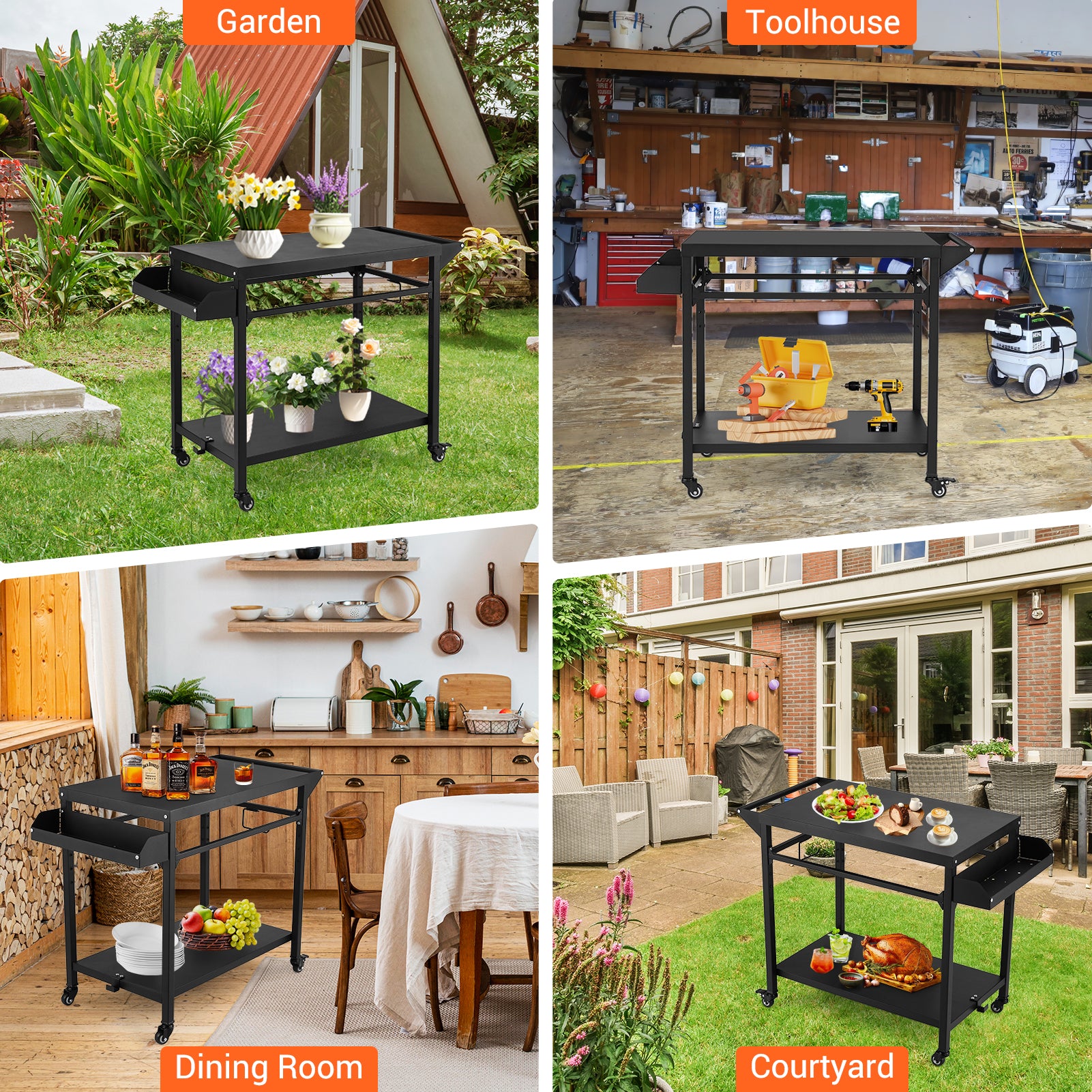 Garvee Outdoor Grill Cart, Pizza Oven Stand Table with Lockable Wheels for Outside Patio, Heavy Duty Movable Outdoor Cooking Prep Table BBQ Smoker Cart for Backyard, Camping and Parties, Black