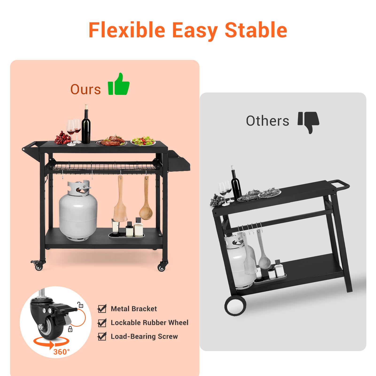 Garvee Outdoor Grill Cart, Pizza Oven Stand Table with Mesh Racks Dining Cart Table for Outside Patio, Movable Kitchen Cooking Prep Table BBQ Cart with Wheels for Home Party, Bar, Camping, Black