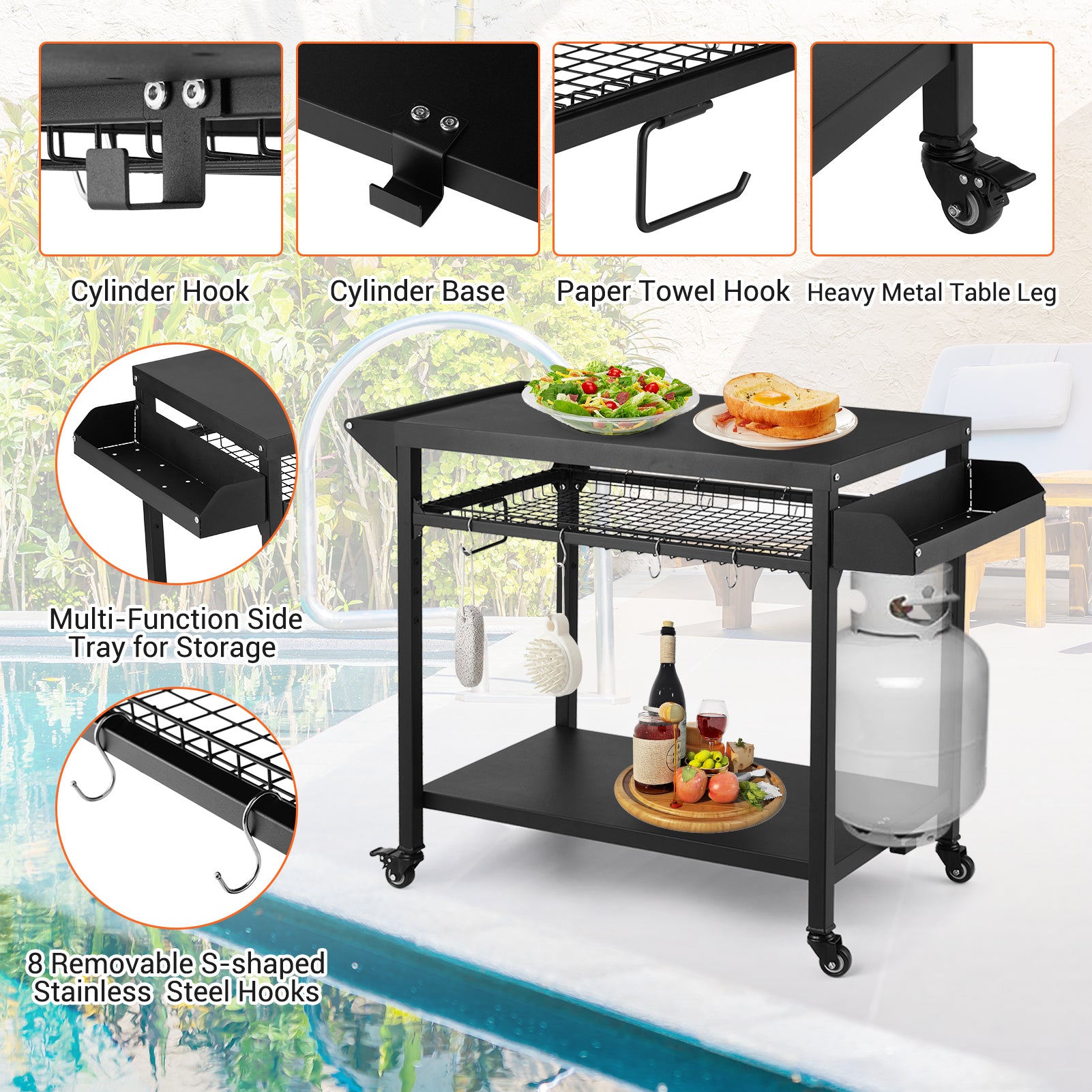 Garvee Outdoor Grill Cart, Pizza Oven Stand Table with Mesh Racks Dining Cart Table for Outside Patio, Movable Kitchen Cooking Prep Table BBQ Cart with Wheels for Home Party, Bar, Camping, Black