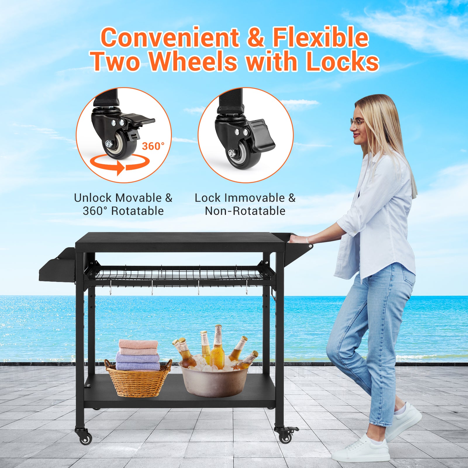 Garvee Outdoor Grill Cart, Pizza Oven Stand Table with Mesh Racks Dining Cart Table for Outside Patio, Movable Kitchen Cooking Prep Table BBQ Cart with Wheels for Home Party, Bar, Camping, Black