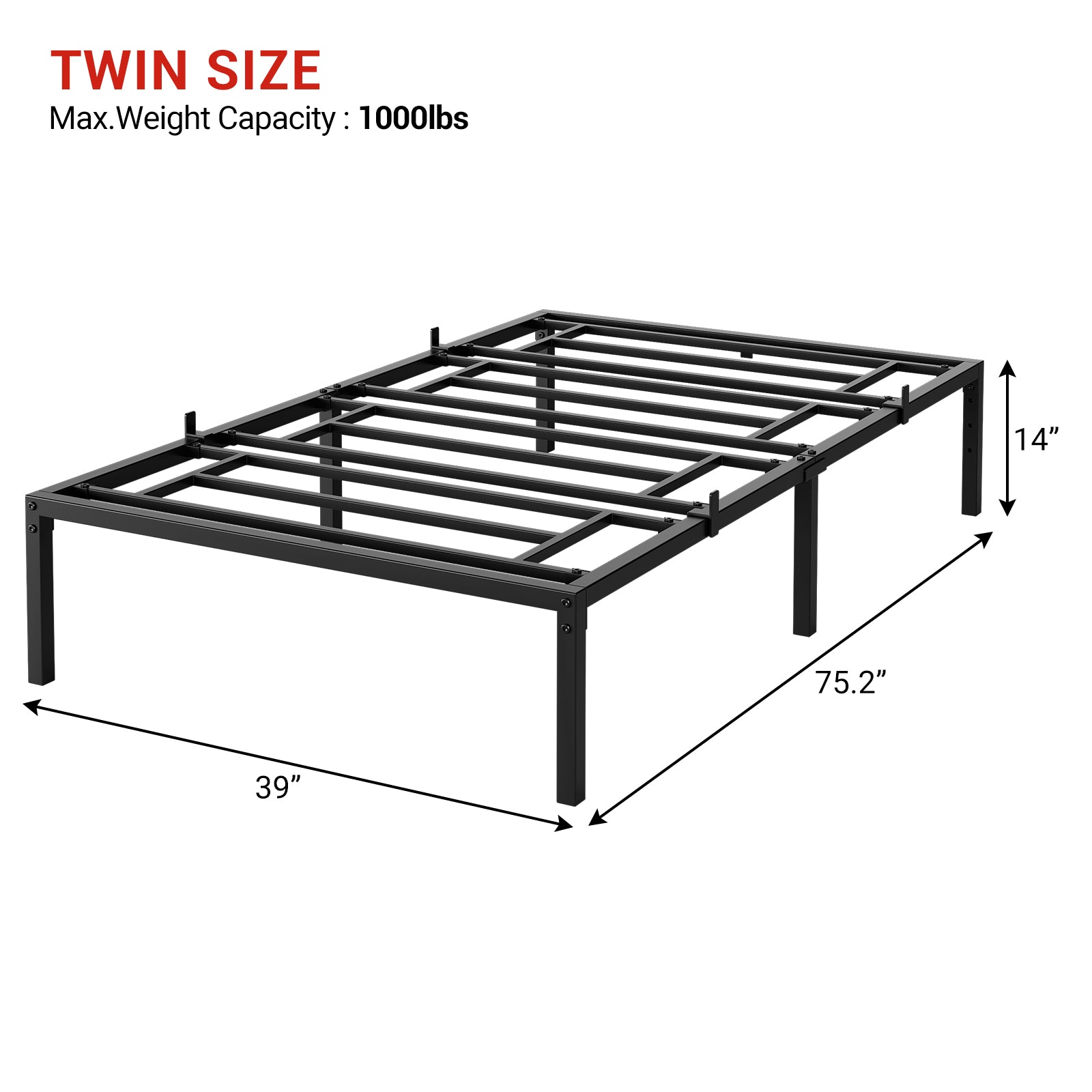 Garvee Twin Size Bed Frame with Steel Slat Support, 14 Inch Heavy Duty Metal Platform Bed Frame Twin Size, Easy Assembly, Ample Storage Space, Noise-Free Design, Black
