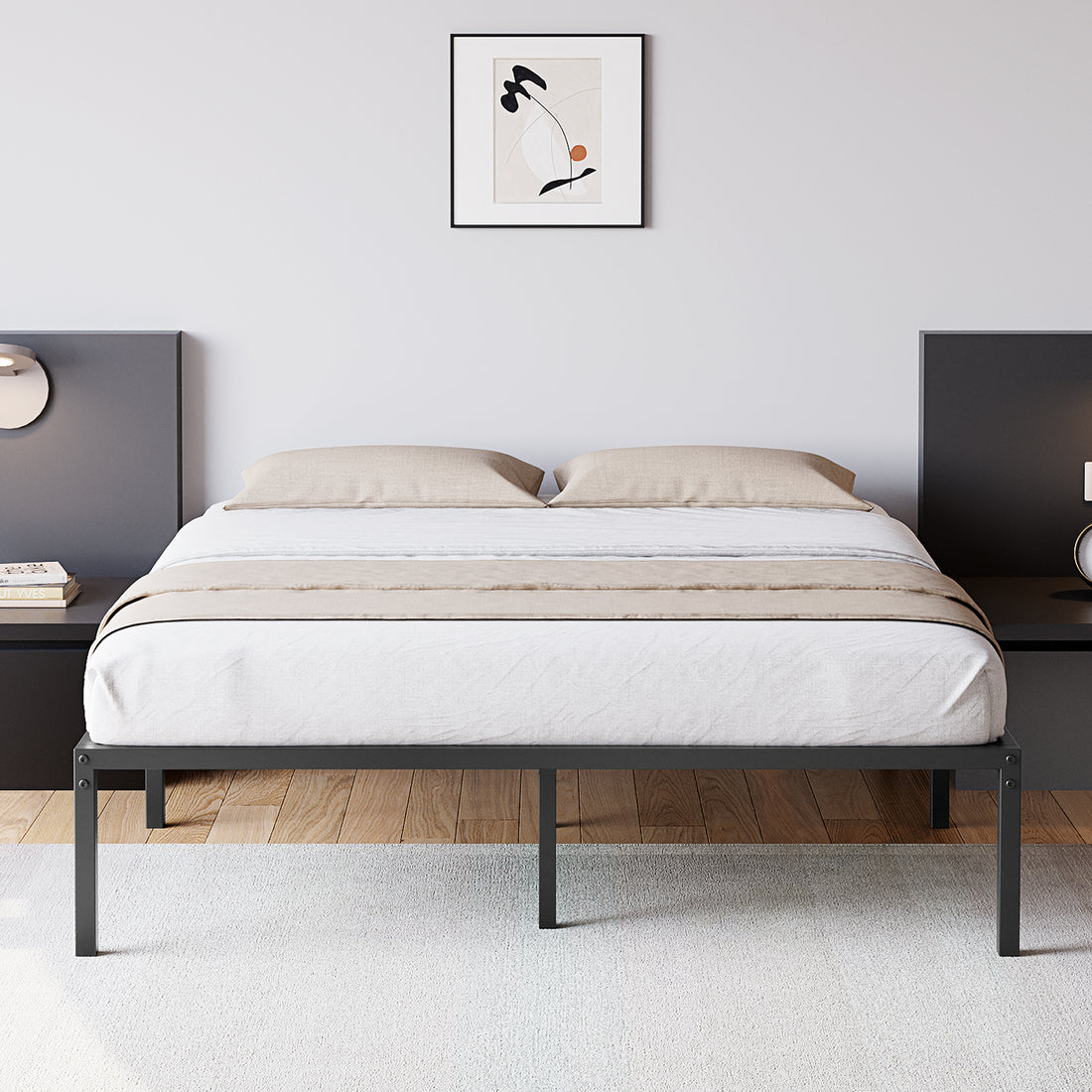 Garvee Queen Bed Frame with Sturdy Steel Bed Slats, 14 Inch Heavy Duty Metal Platform Full Size Bed Frame, No Box Spring Needed, Large Storage Space, Easy Assembly for Home Apartment