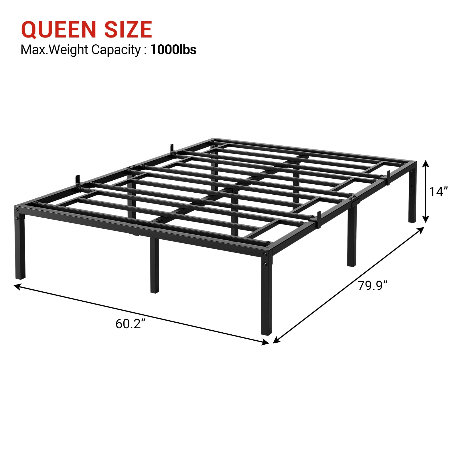 Garvee Queen Bed Frame with Sturdy Steel Bed Slats, 14 Inch Heavy Duty Metal Platform Full Size Bed Frame, No Box Spring Needed, Large Storage Space, Easy Assembly for Home Apartment
