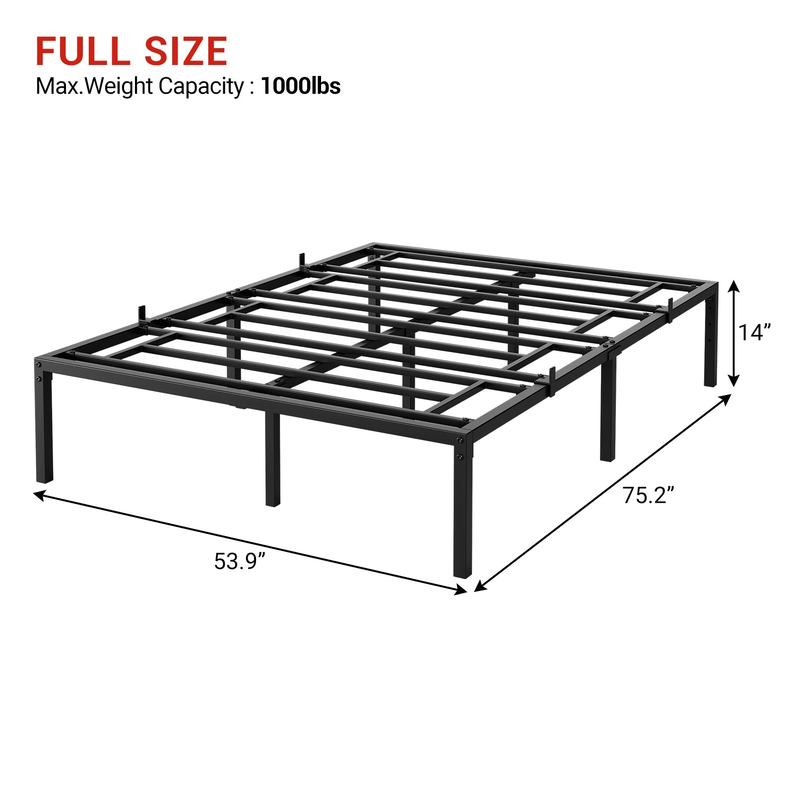 Garvee Full Size Bed Frame with Steel Slat Support, 14 Inch Heavy Duty Metal Platform Full Bed Frame, Easy Assembly, Ample Storage Space, Noise-Free Design, Black