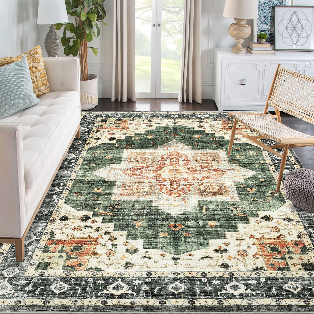 Garvee Area Rug 4x6 Washable Soft Rug Vintage Distressed Rug Ultra-Thin Throw Rug Non Slip Living Room Rug Indoor Floor Cover for Dining Room Bedroom, Green