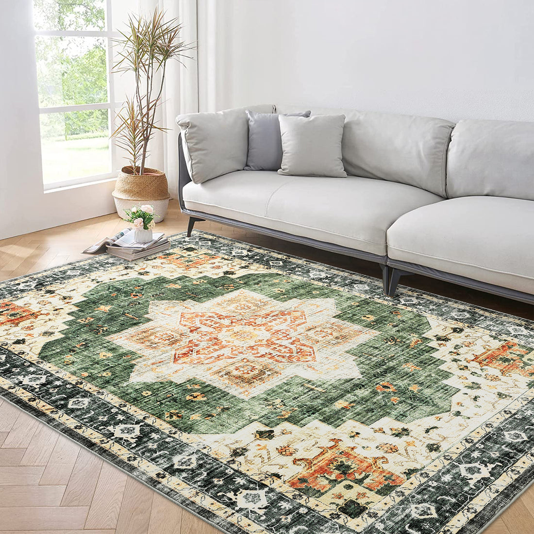 Garvee Area Rug 4x6 Washable Soft Rug Vintage Distressed Rug Ultra-Thin Throw Rug Non Slip Living Room Rug Indoor Floor Cover for Dining Room Bedroom, Green