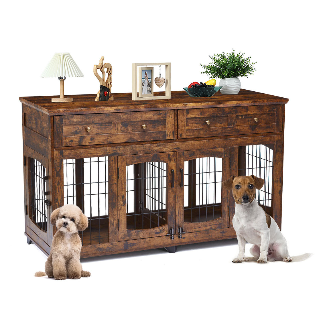 Garvee Dog Crate Furniture with 5 Doors, 58" Wooden Dog Kennel Cage End Table with Large Capacity Drawers, Dog House with Openable Divider for Dogs(Brown)